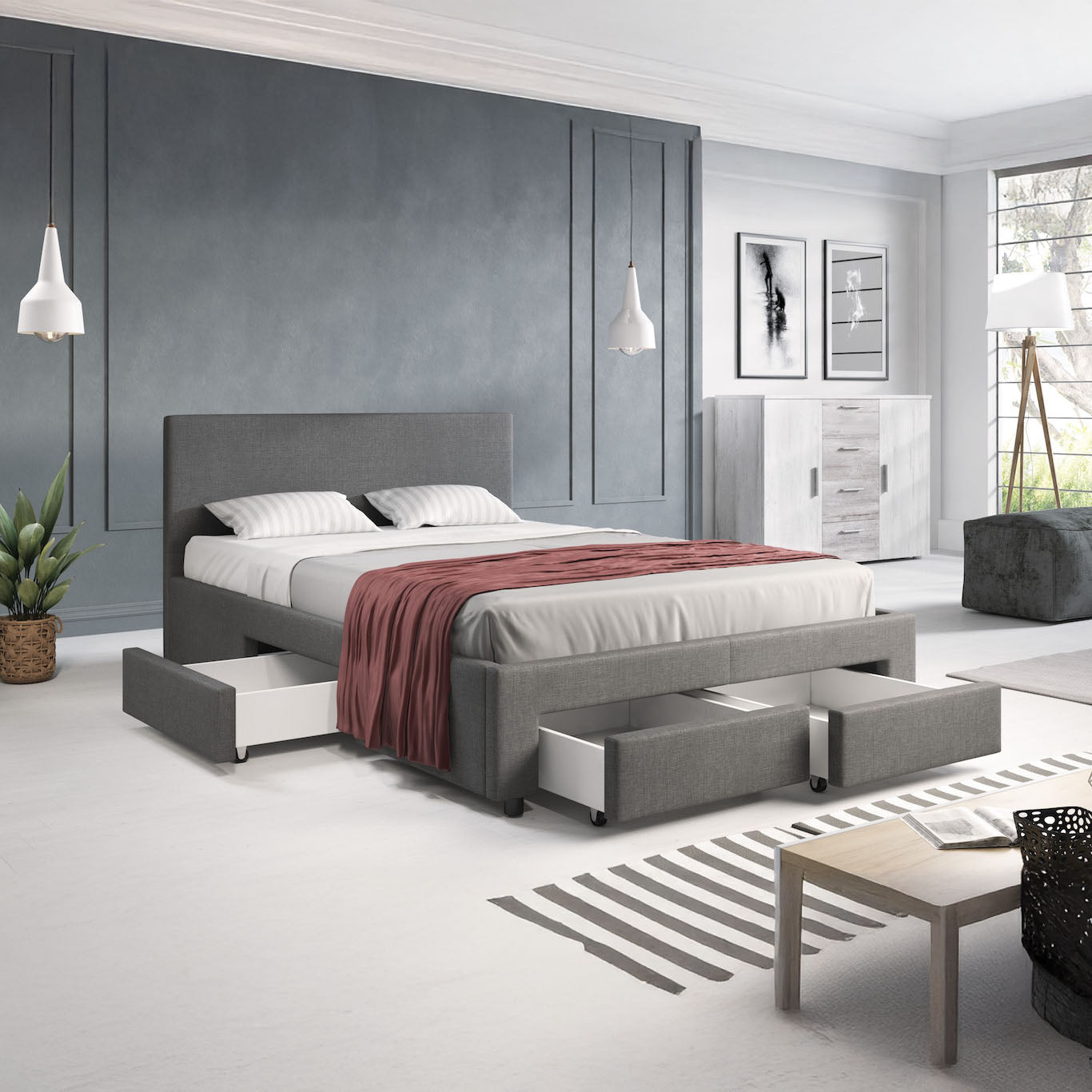 Suente - Tweepersoonsbed met 4 lades - Stof grijs - 140x200 cm