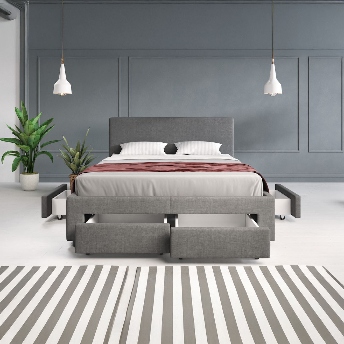 Suente - Tweepersoonsbed met 4 lades - Stof grijs - 140x200 cm