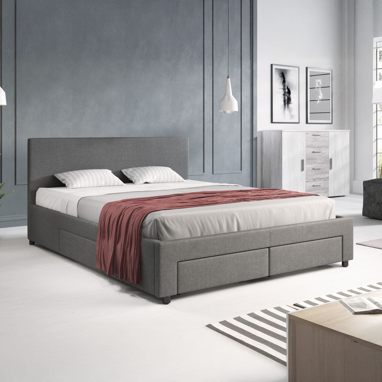 Suente - Tweepersoonsbed met 4 lades - Stof grijs - 160x200 cm