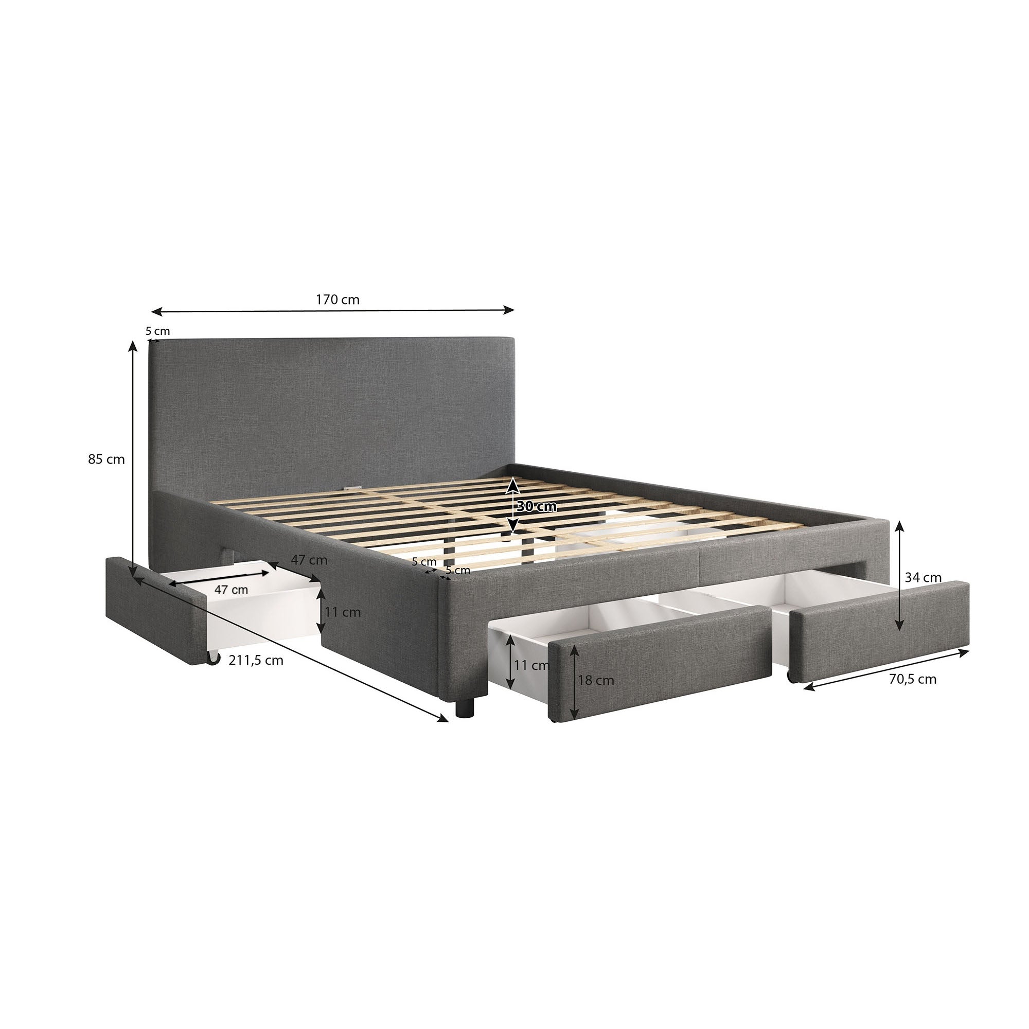 Suente - Tweepersoonsbed met 4 lades - Stof grijs - 160x200 cm