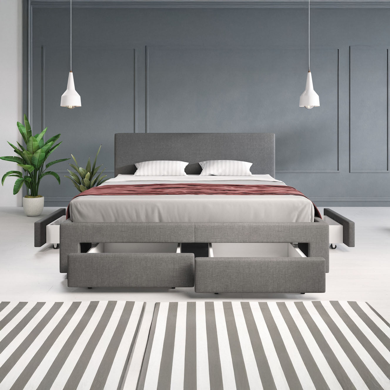 Suente - Tweepersoonsbed met 4 lades - Stof grijs - 160x200 cm