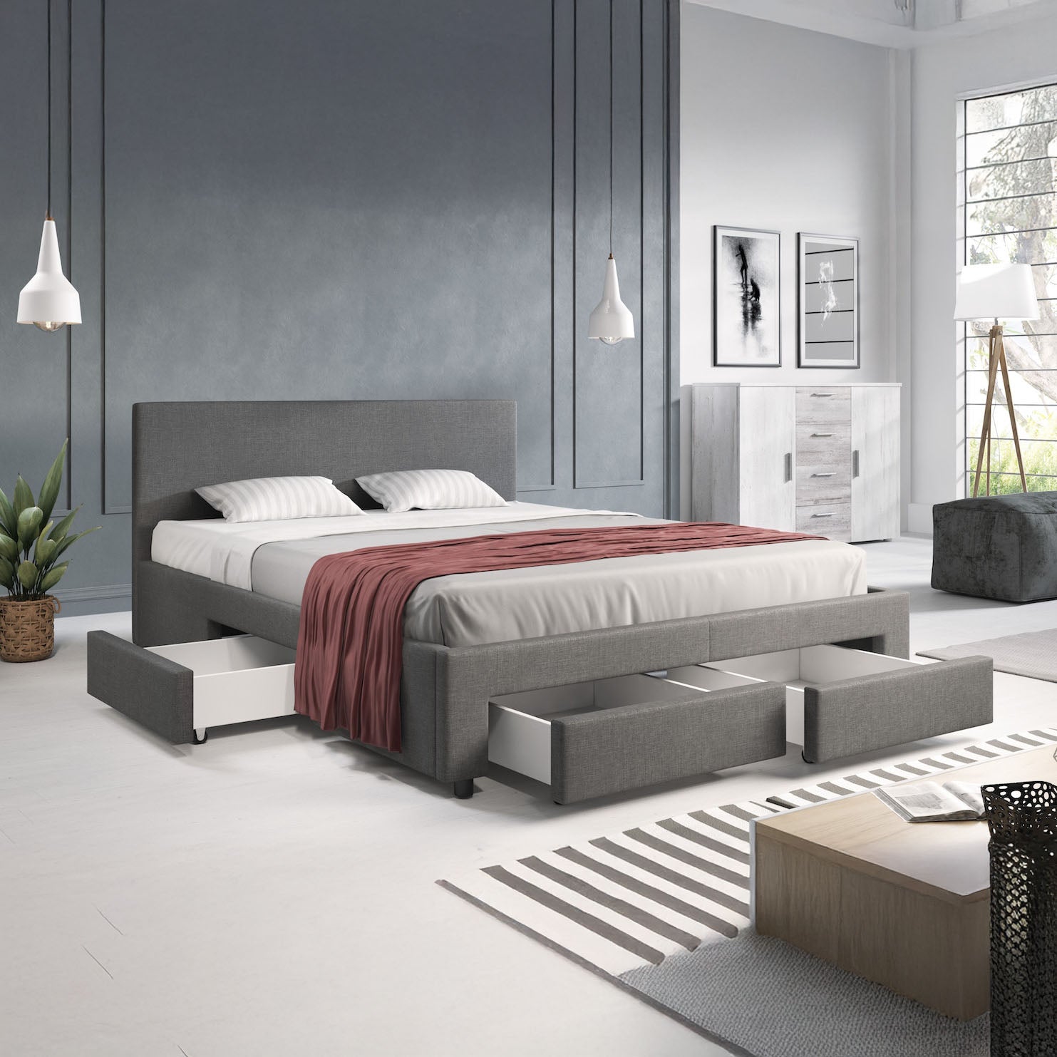 Suente - Tweepersoonsbed met 4 lades - Stof grijs - 160x200 cm