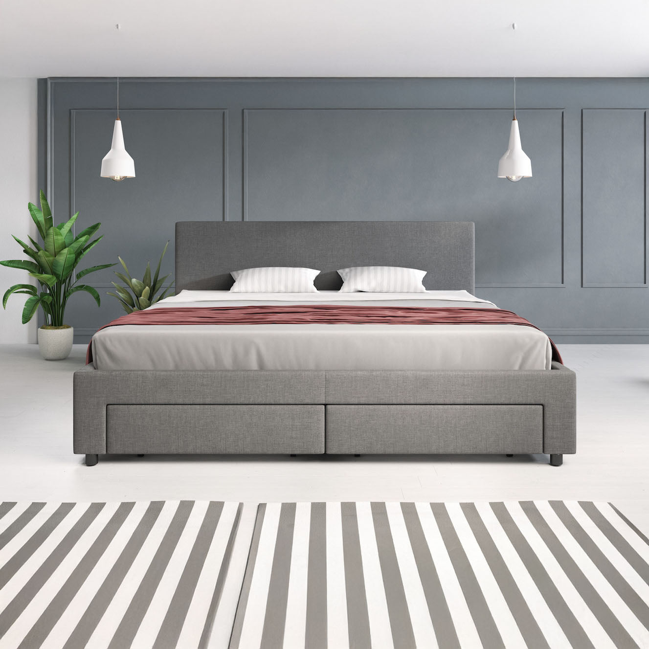 Suente - Tweepersoonsbed met 4 lades - Stof grijs - 180x200 cm