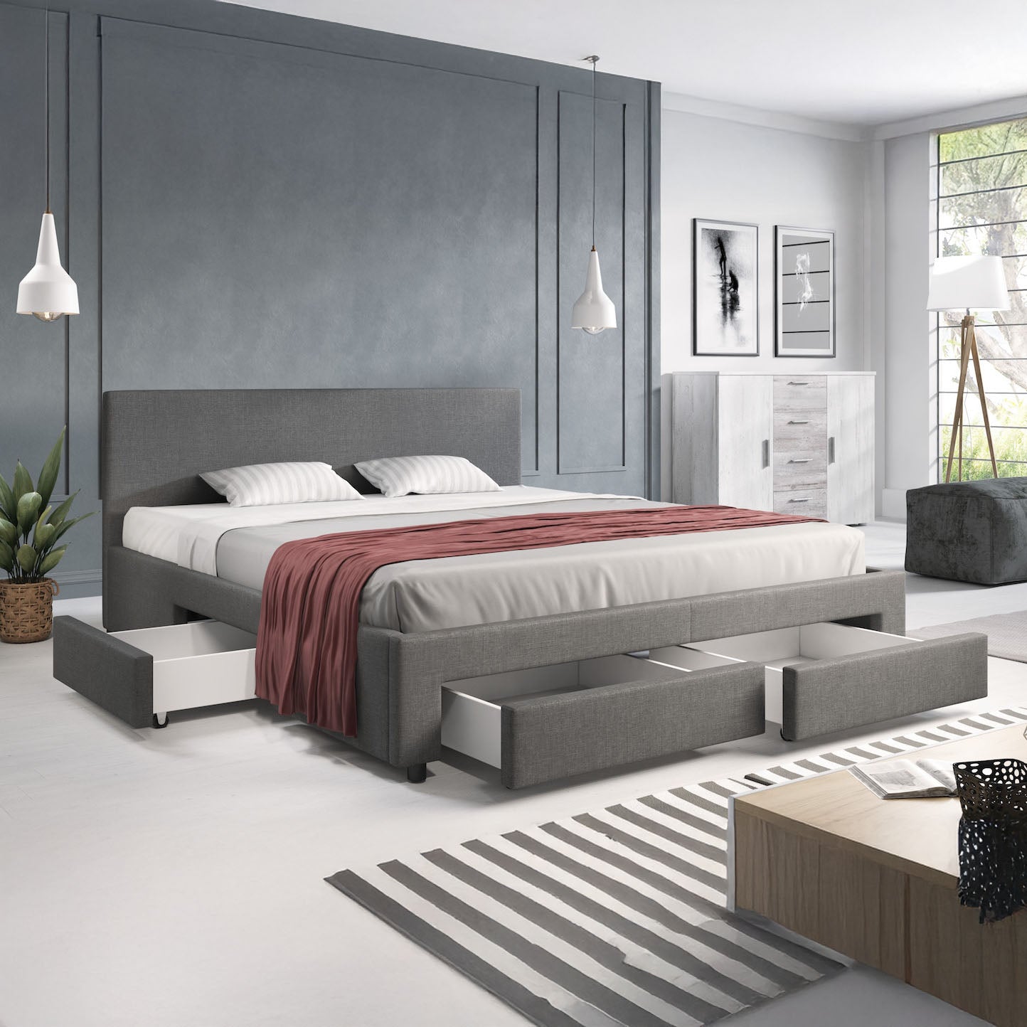 Suente - Tweepersoonsbed met 4 lades - Stof grijs - 180x200 cm