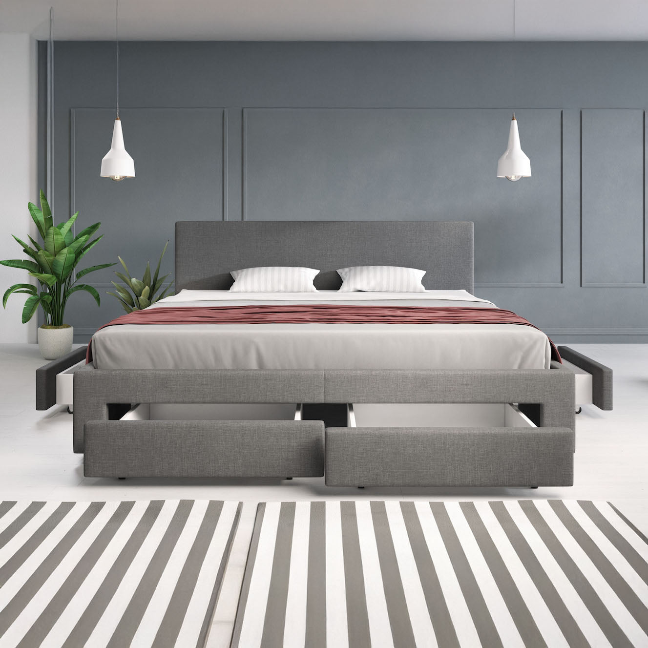 Suente - Tweepersoonsbed met 4 lades - Stof grijs - 180x200 cm
