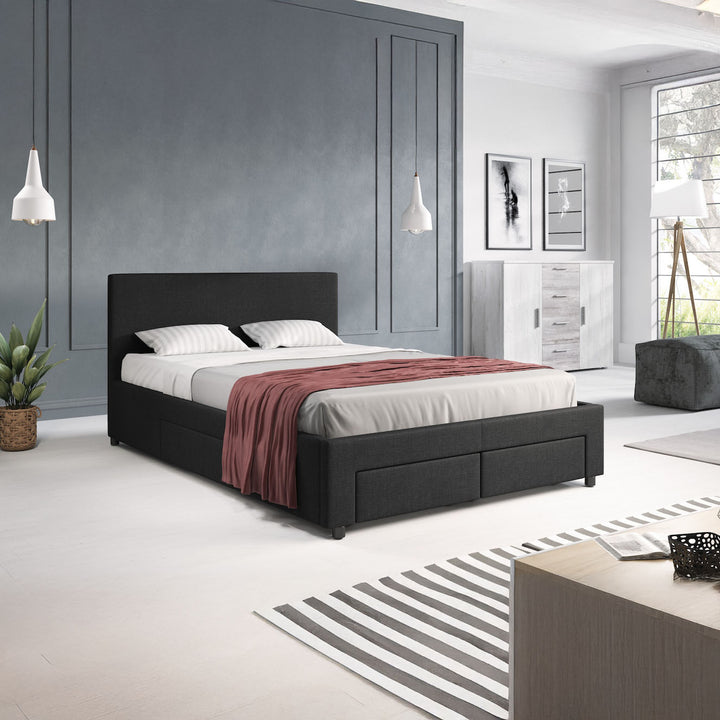Suente - Tweepersoonsbed met 4 lades - Stof zwart - 140x200 cm