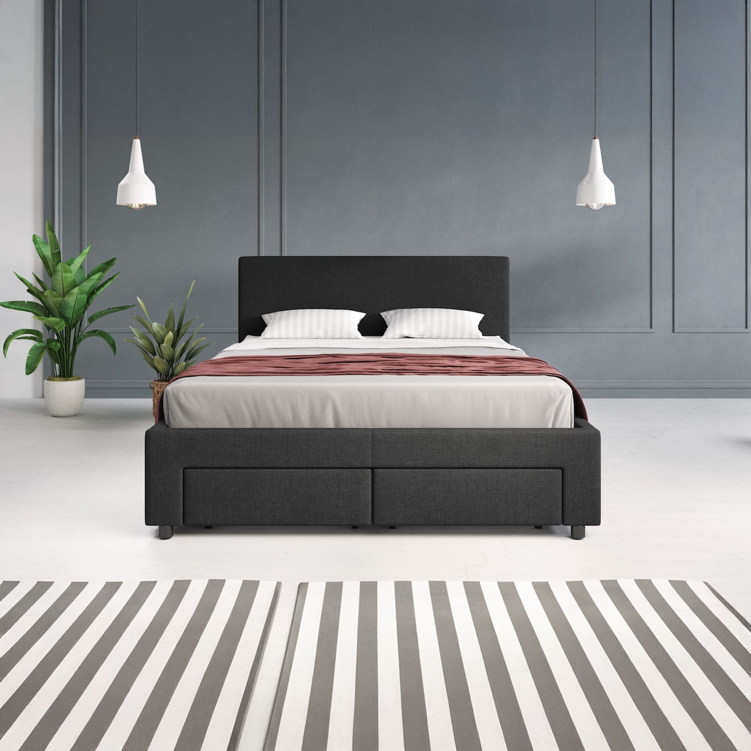 Suente - Tweepersoonsbed met 4 lades - Stof zwart - 140x200 cm