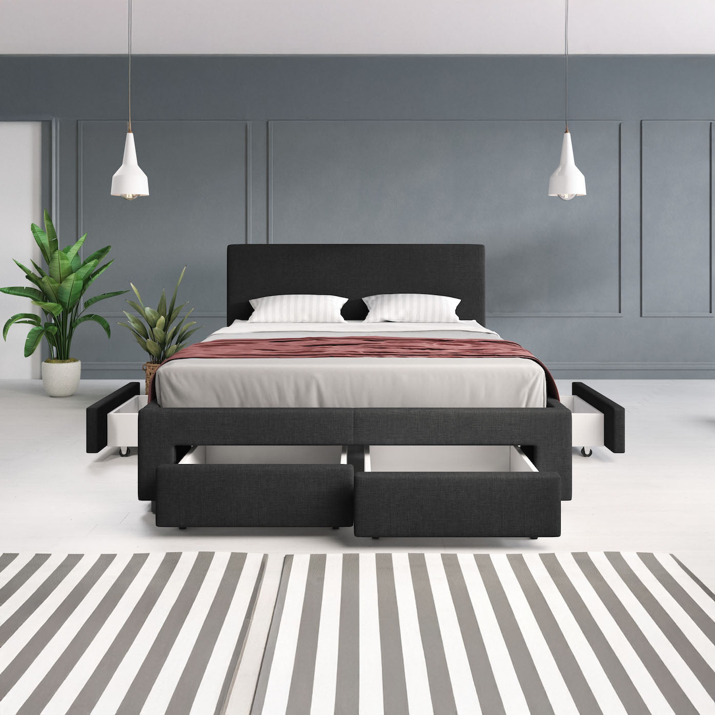 Suente - Tweepersoonsbed met 4 lades - Stof zwart - 140x200 cm