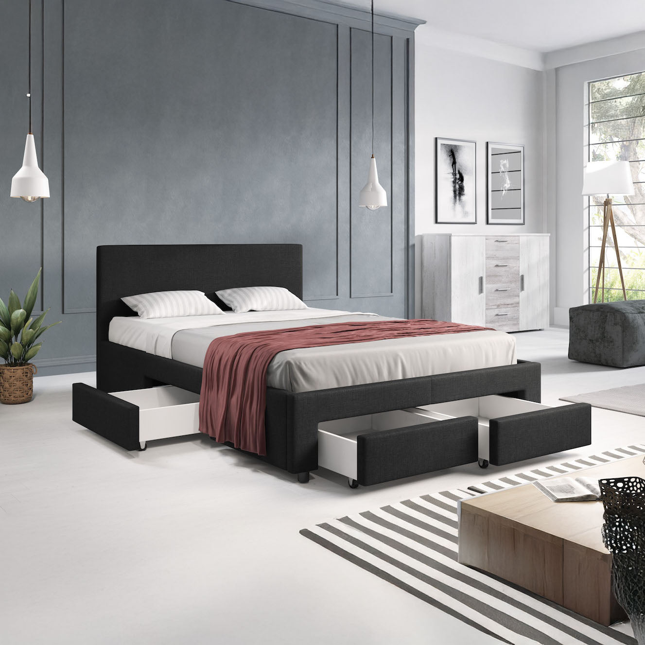 Suente - Tweepersoonsbed met 4 lades - Stof zwart - 140x200 cm