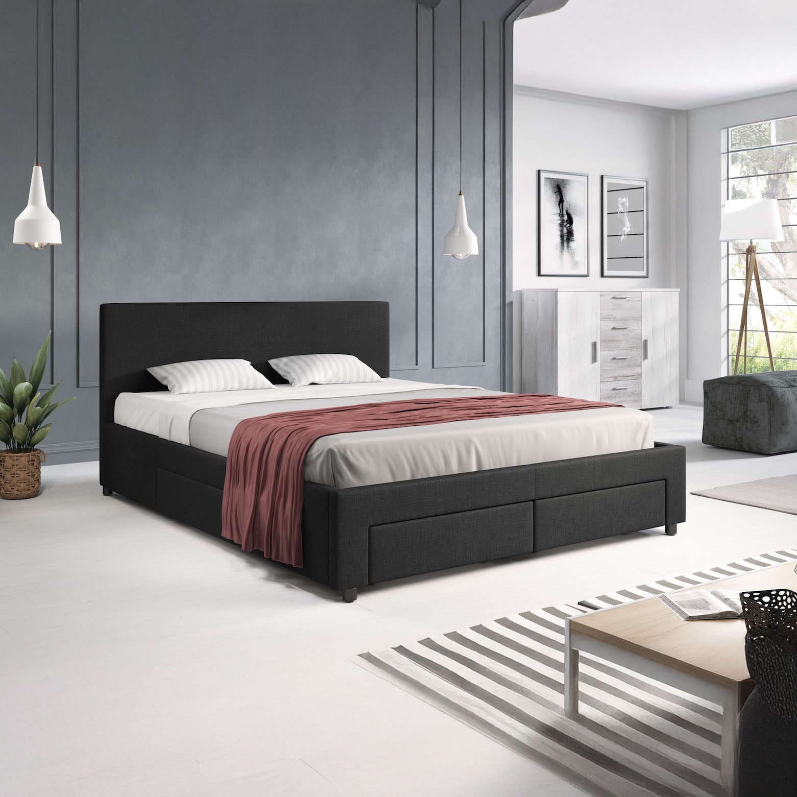 Suente - Tweepersoonsbed met 4 lades - Stof zwart - 160x200 cm