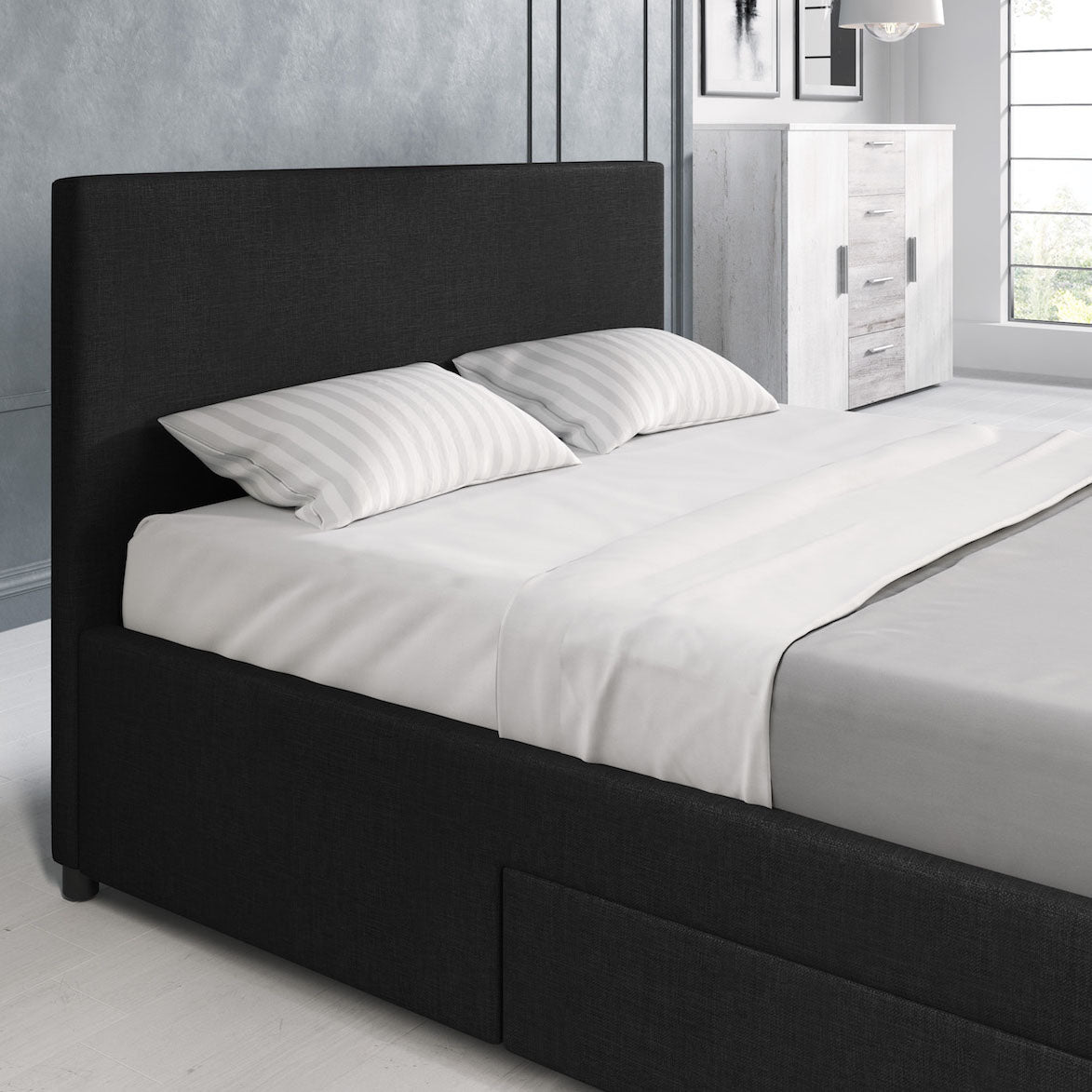 Suente - Tweepersoonsbed met 4 lades - Stof zwart - 160x200 cm