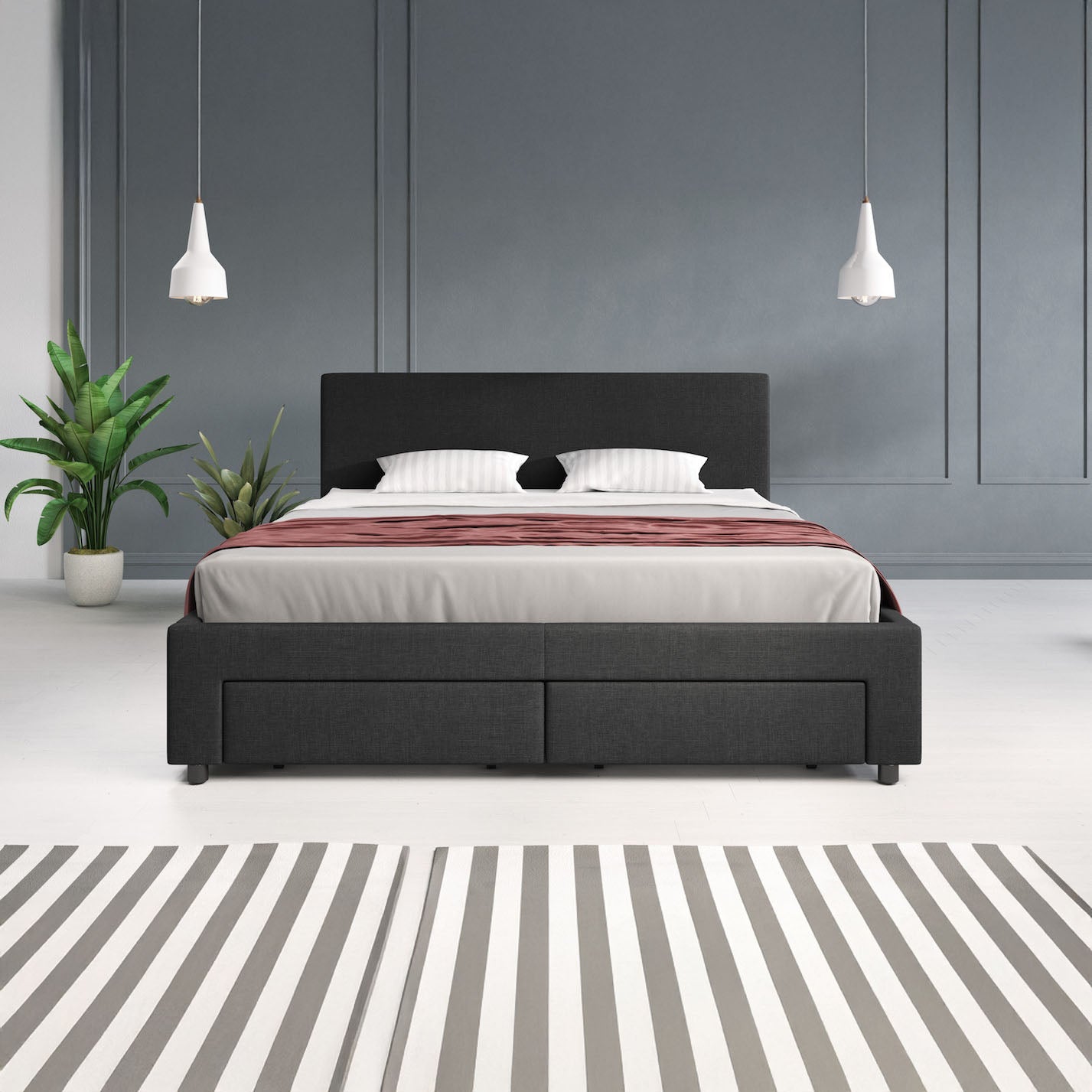 Suente - Tweepersoonsbed met 4 lades - Stof zwart - 160x200 cm