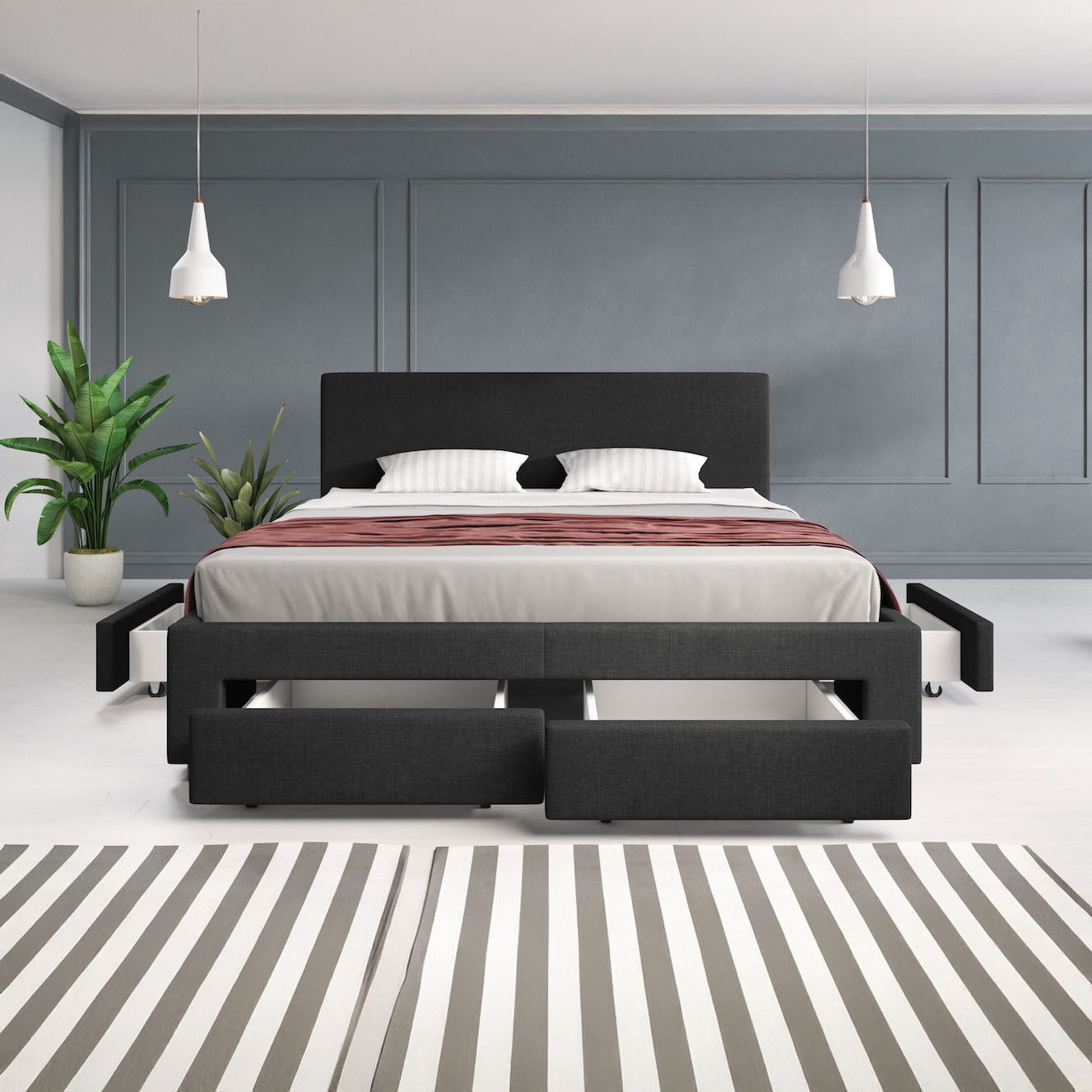 Suente - Tweepersoonsbed met 4 lades - Stof zwart - 160x200 cm