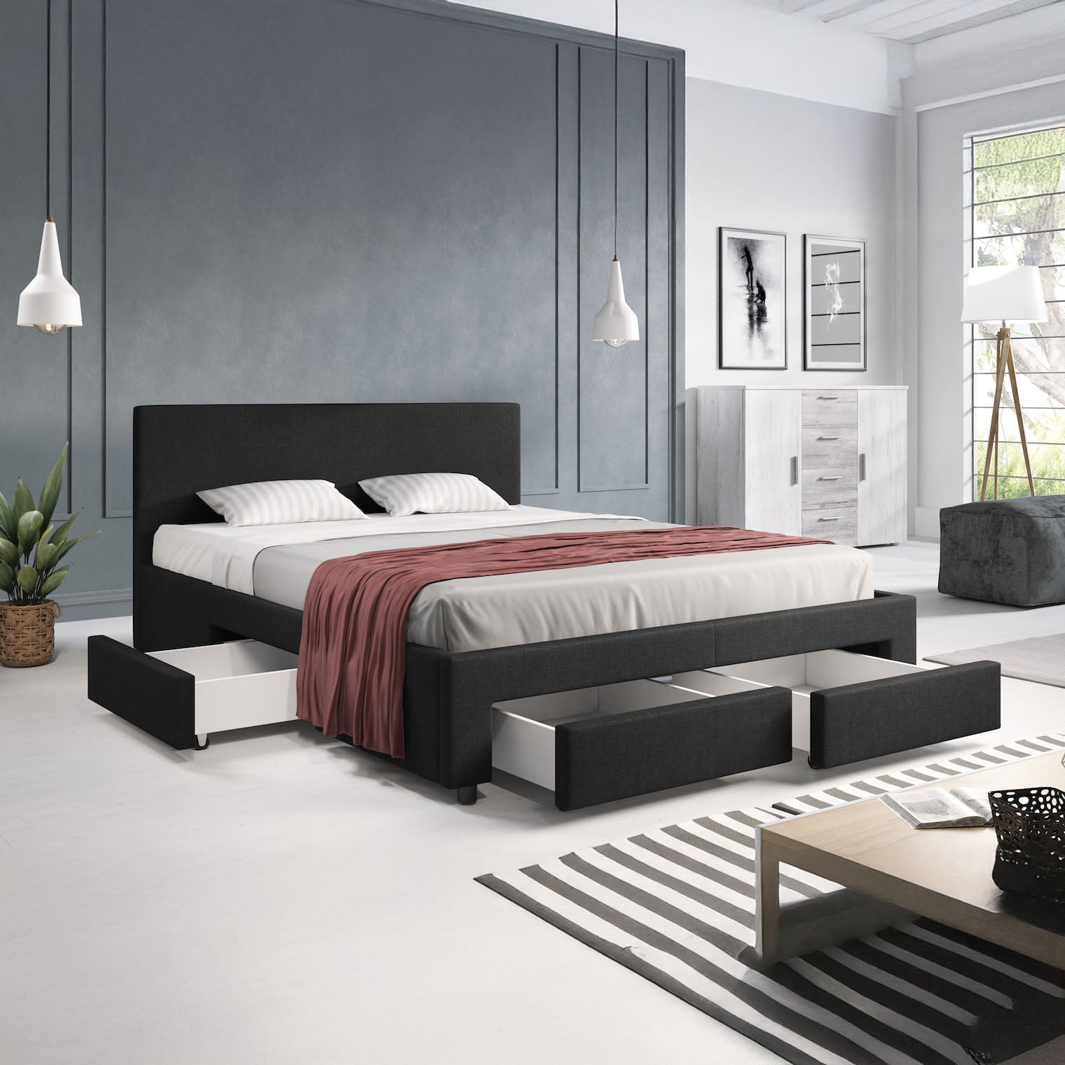 Suente - Tweepersoonsbed met 4 lades - Stof zwart - 160x200 cm