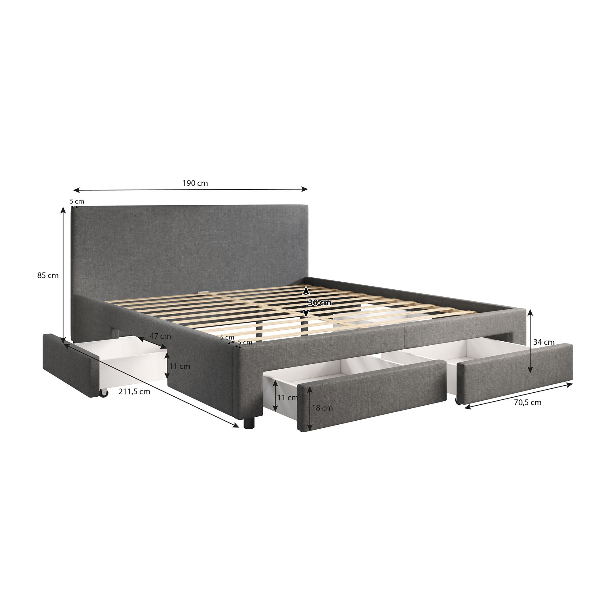 Suente - Tweepersoonsbed met 4 lades - Stof zwart - 180x200 cm