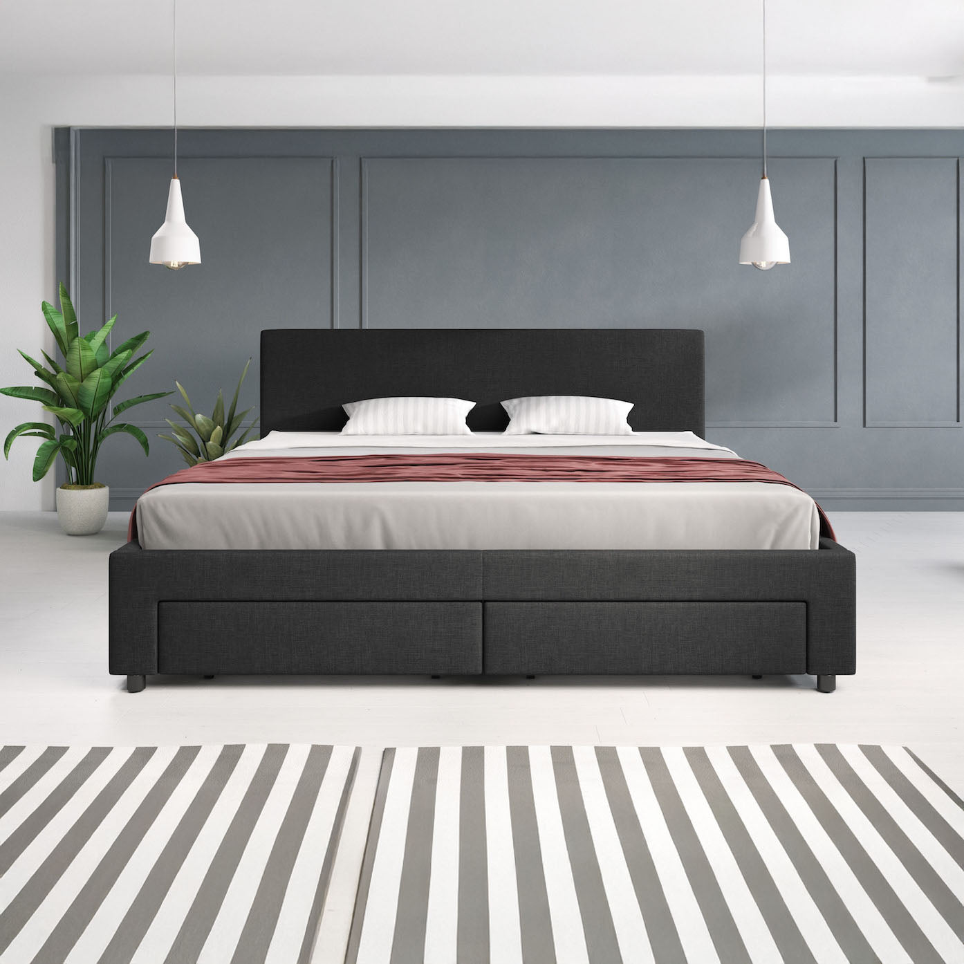 Suente - Tweepersoonsbed met 4 lades - Stof zwart - 180x200 cm