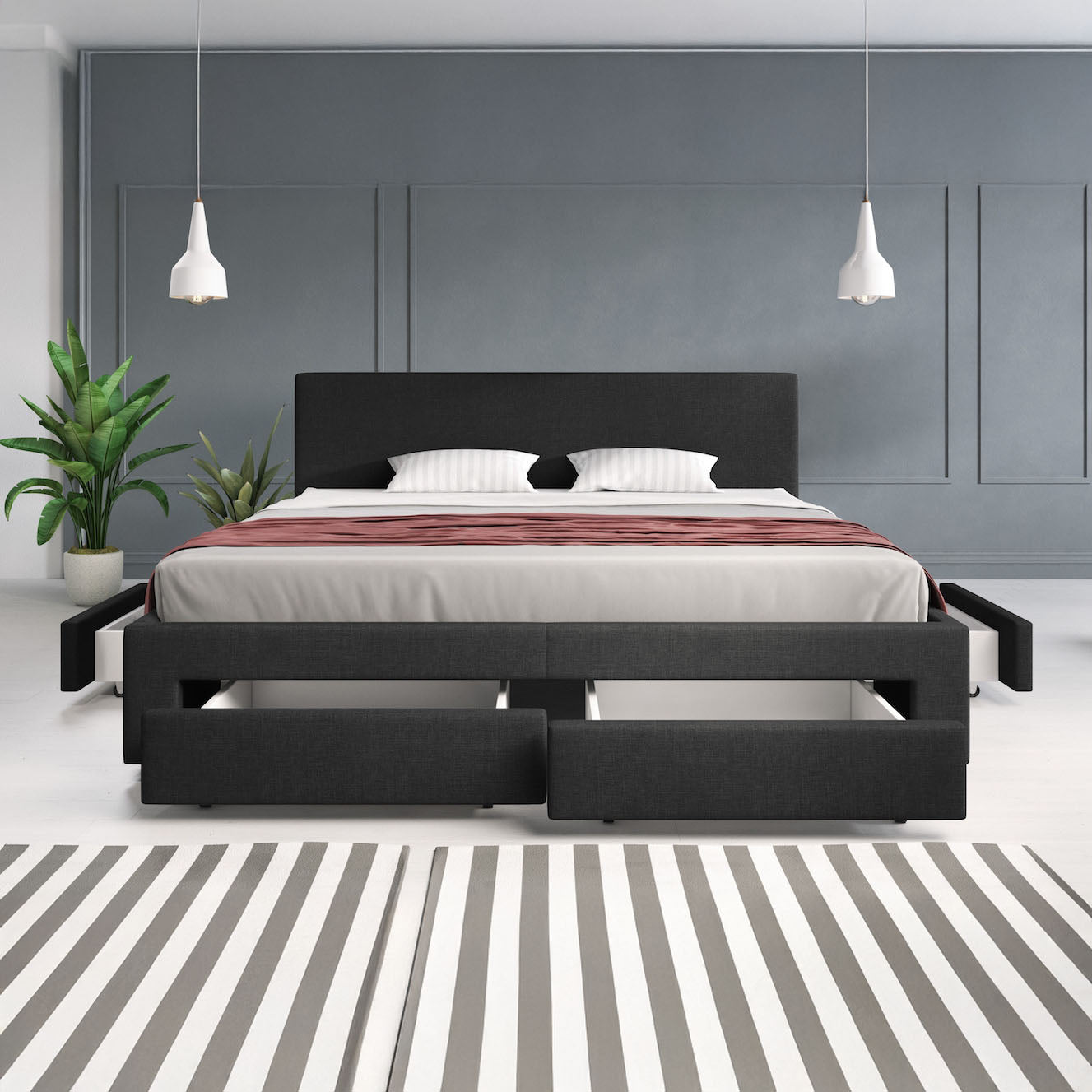Suente - Tweepersoonsbed met 4 lades - Stof zwart - 180x200 cm