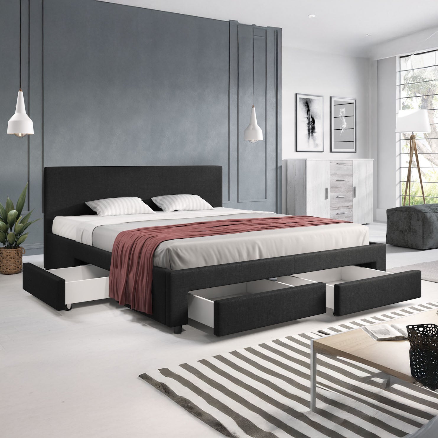 Suente - Tweepersoonsbed met 4 lades - Stof zwart - 180x200 cm