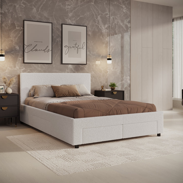 Suente - Tweepersoonsbed met 4 lades - Teddystof Wit - 140x200 cm