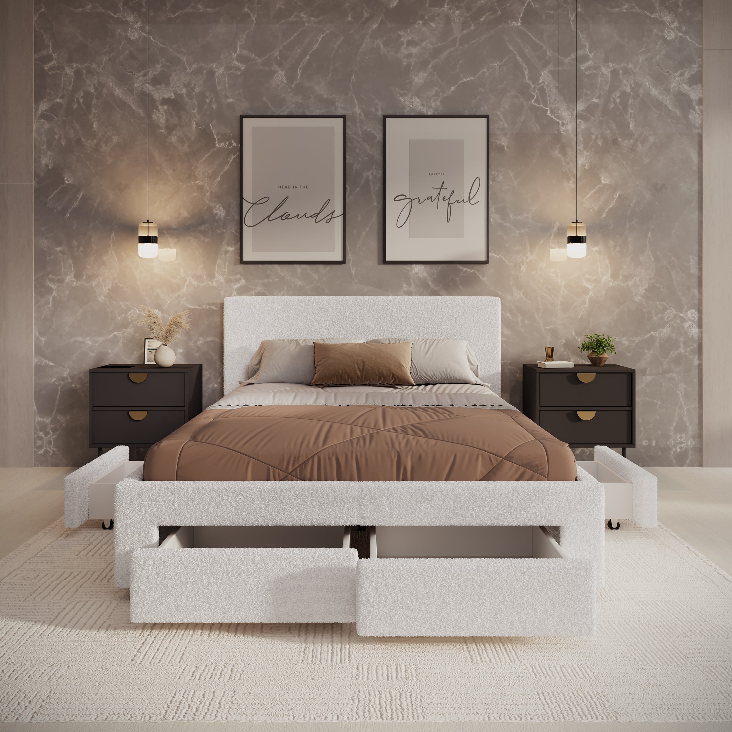 Suente - Tweepersoonsbed met 4 lades - Teddystof Wit - 140x200 cm