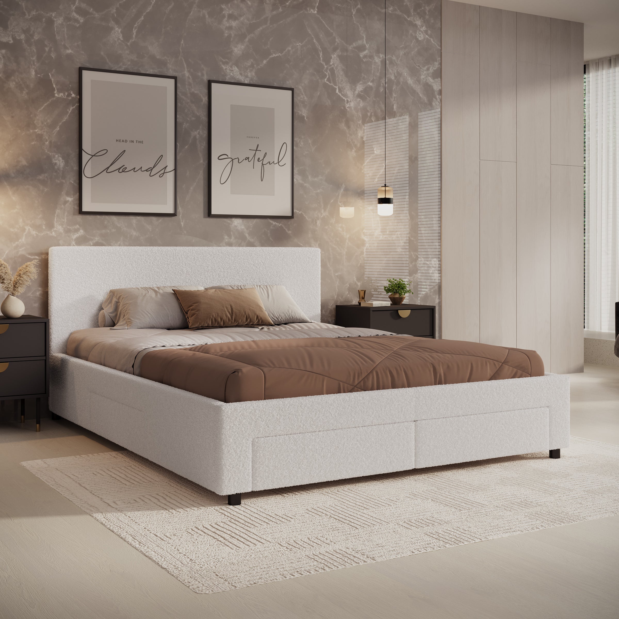 Suente - Tweepersoonsbed met 4 lades - Teddystof Wit - 160x200 cm