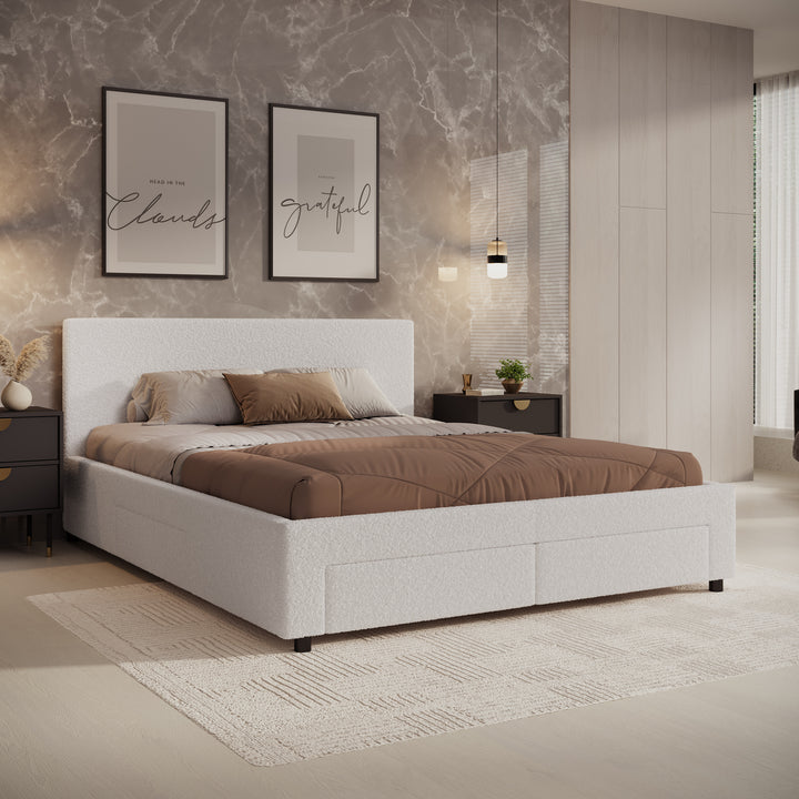 Suente - Tweepersoonsbed met 4 lades - Teddystof Wit - 160x200 cm