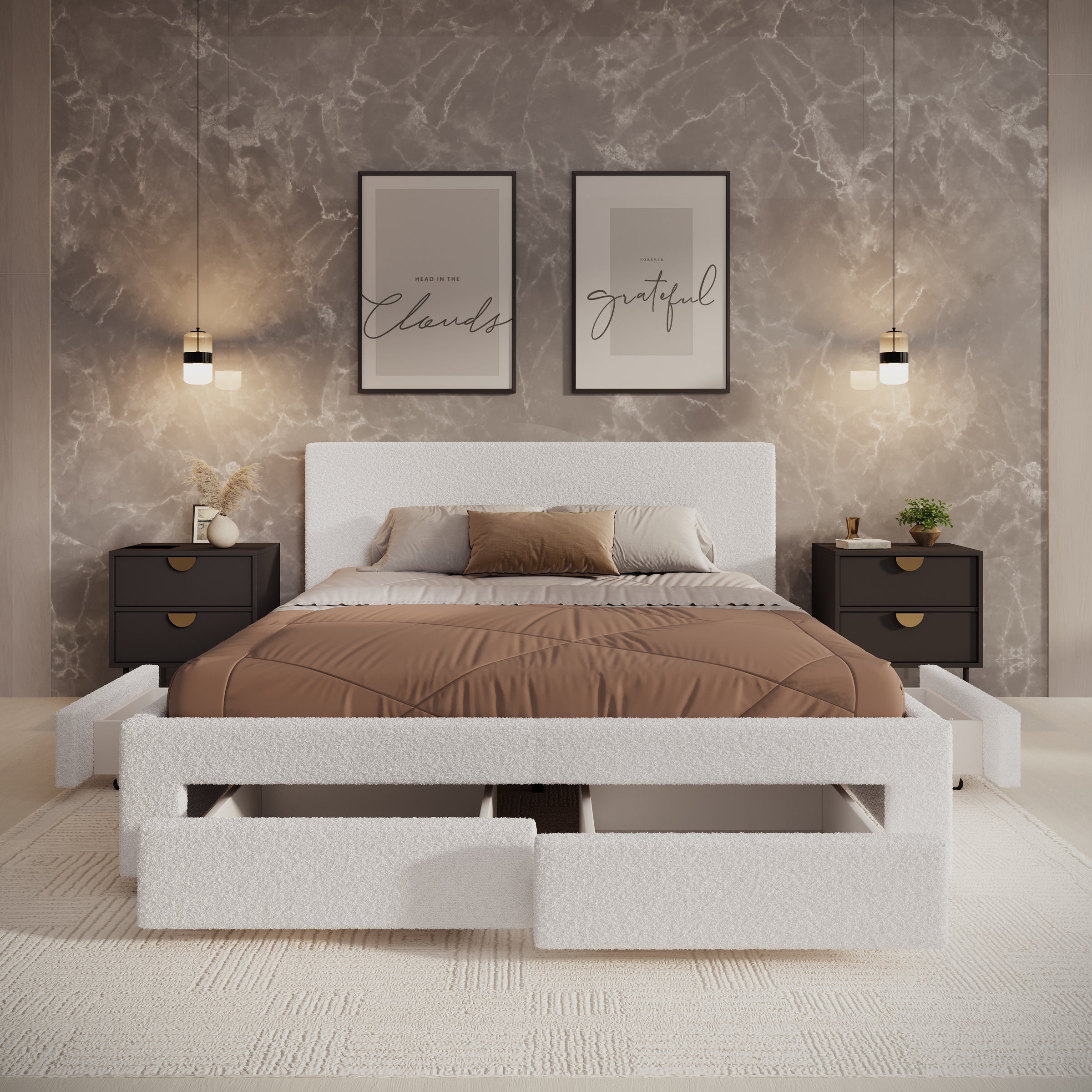 Suente - Tweepersoonsbed met 4 lades - Teddystof Wit - 160x200 cm