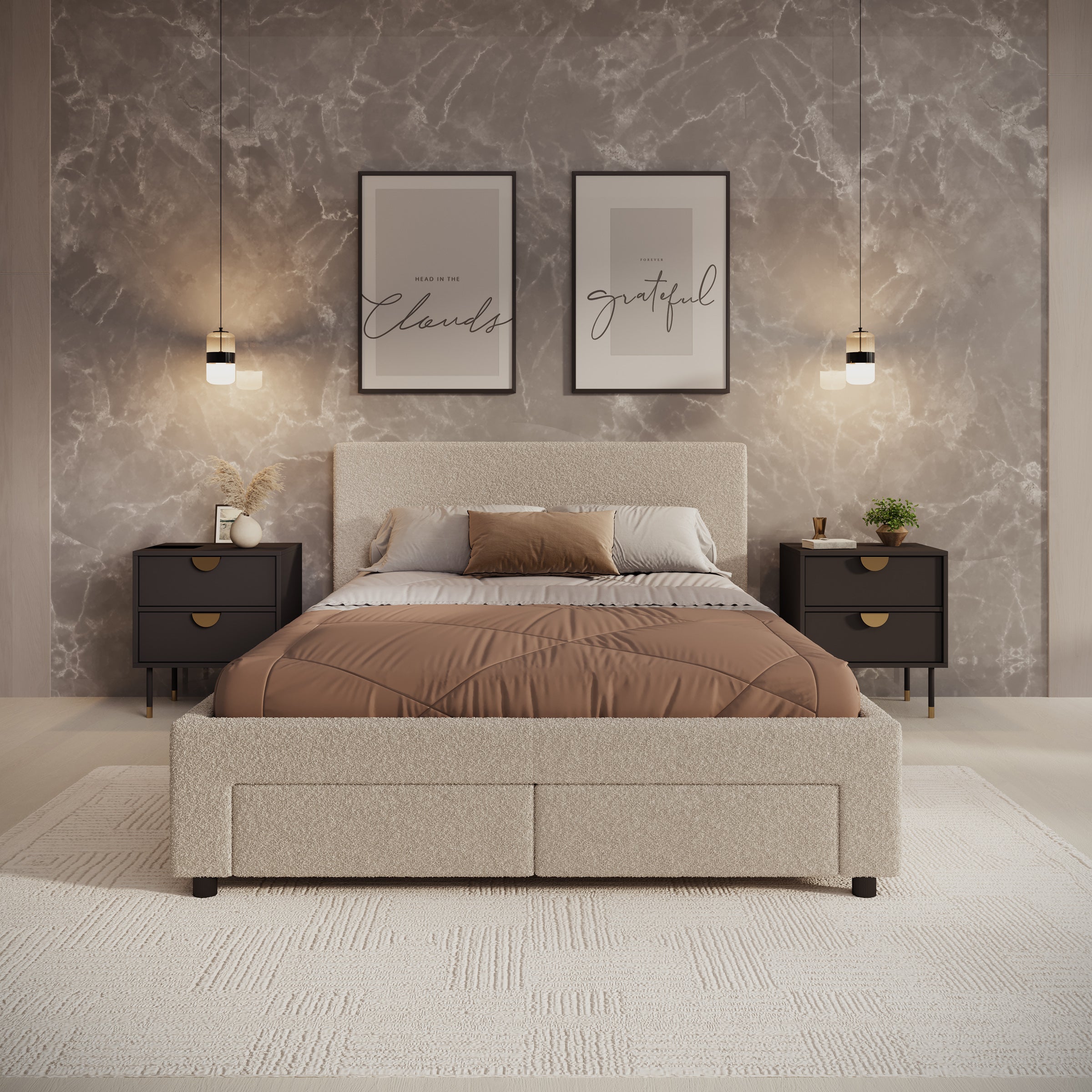 Suente - Tweepersoonsbed met 4 lades - Teddystof beige - 140x200 cm