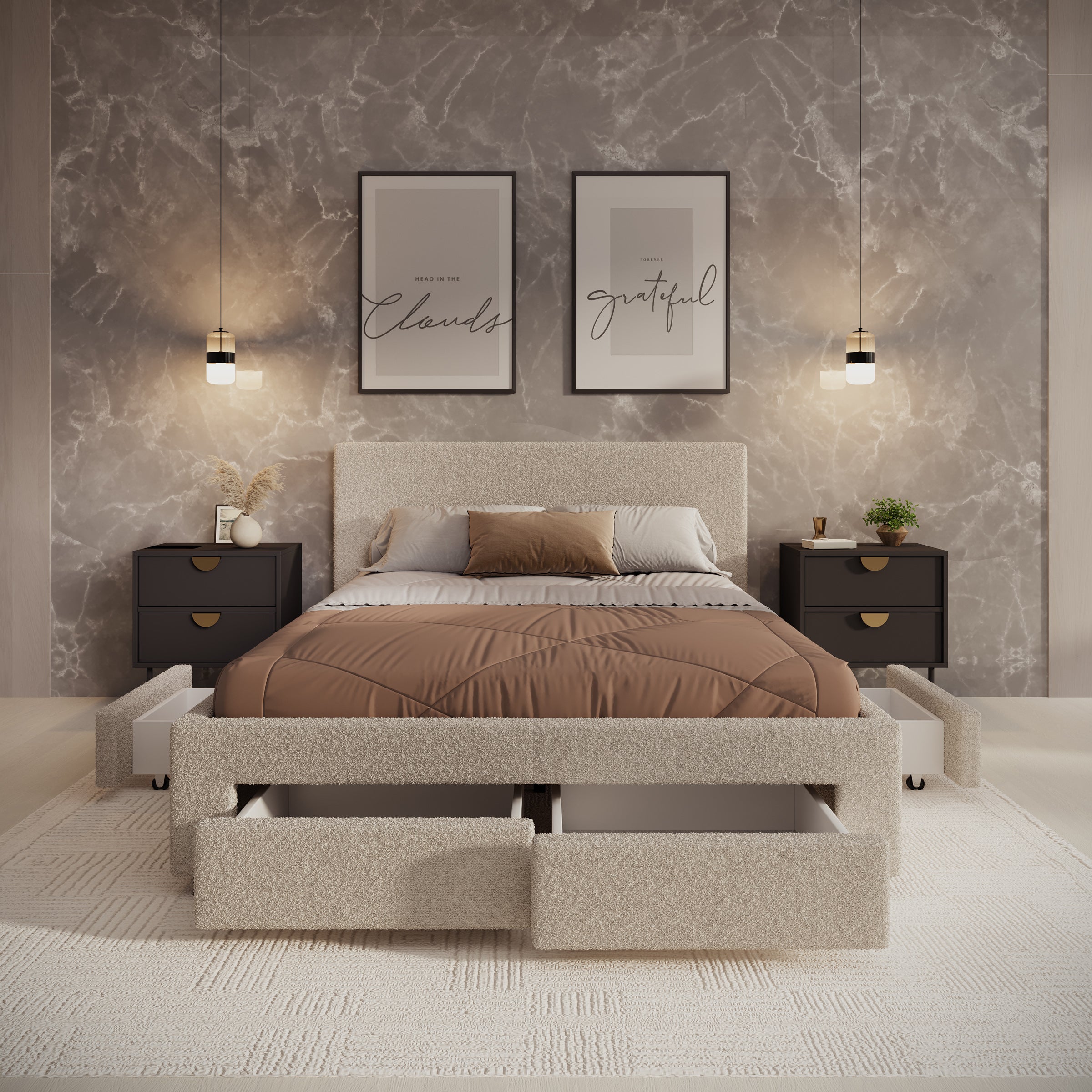 Suente - Tweepersoonsbed met 4 lades - Teddystof beige - 140x200 cm