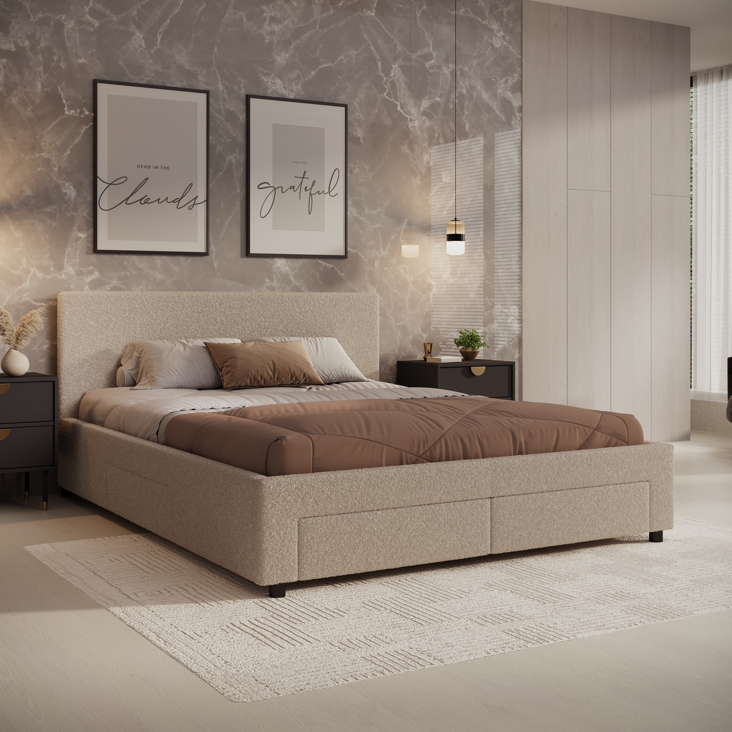 Suente - Tweepersoonsbed met 4 lades - Teddystof beige - 160x200 cm