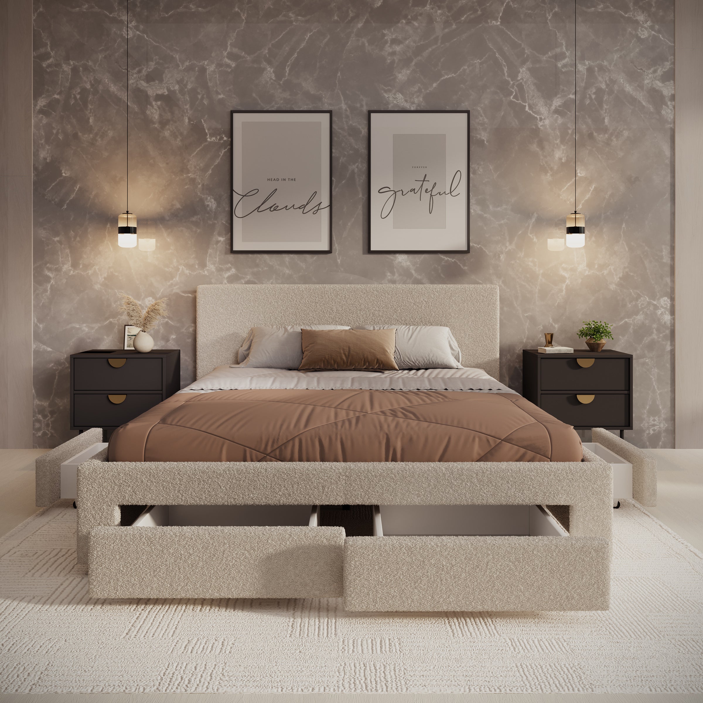 Suente - Tweepersoonsbed met 4 lades - Teddystof beige - 160x200 cm