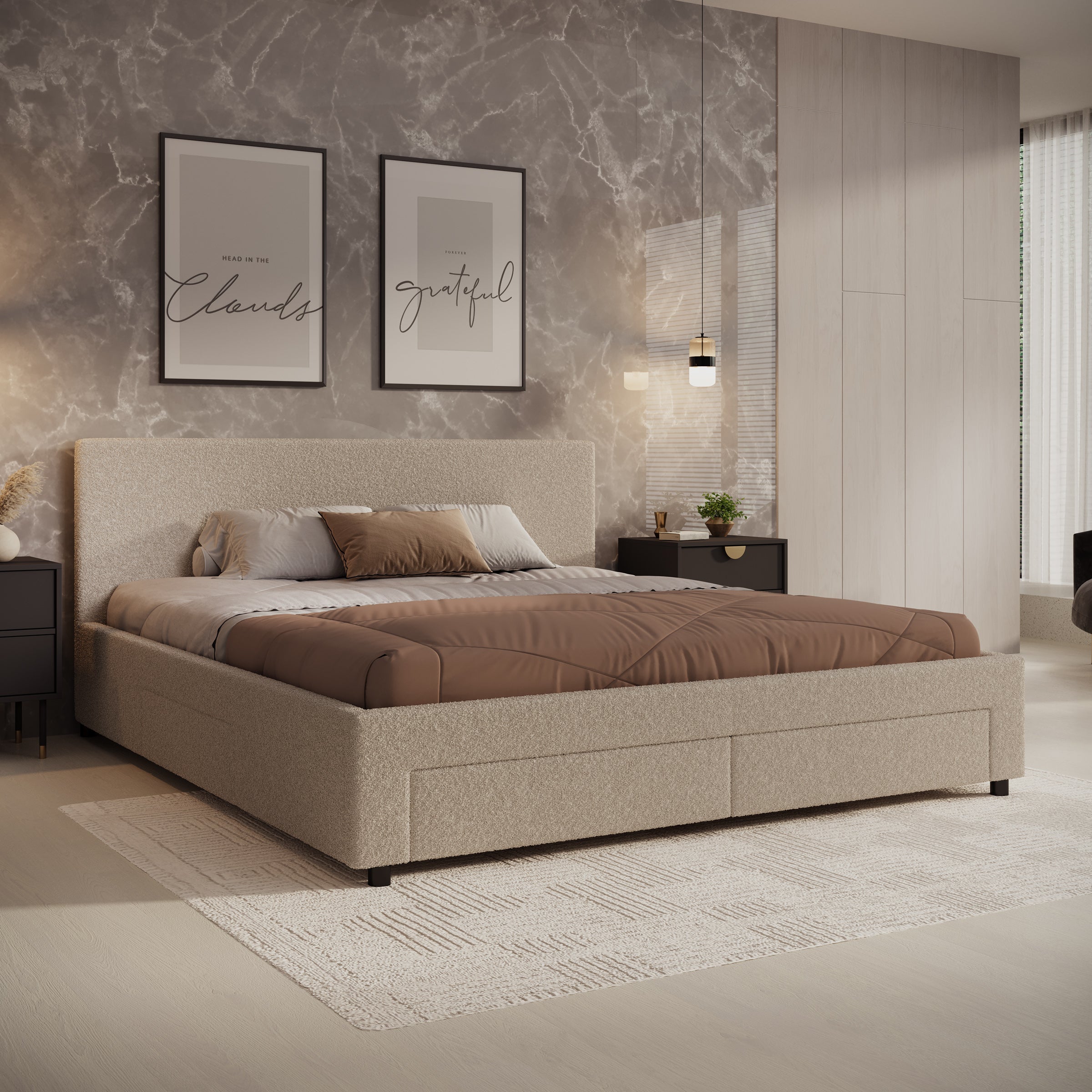 Suente - Tweepersoonsbed met 4 lades - Teddystof beige - 180x200 cm