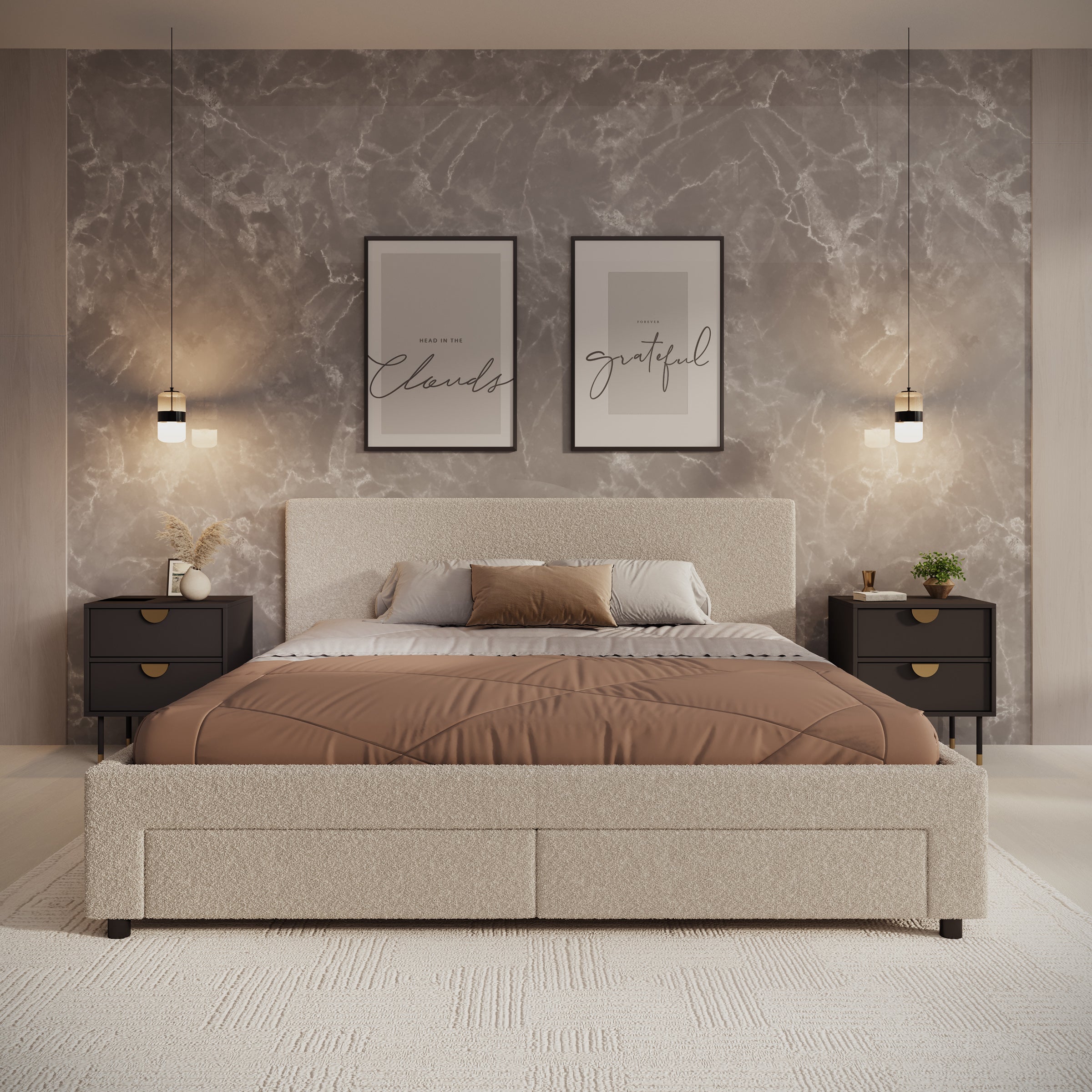 Suente - Tweepersoonsbed met 4 lades - Teddystof beige - 180x200 cm