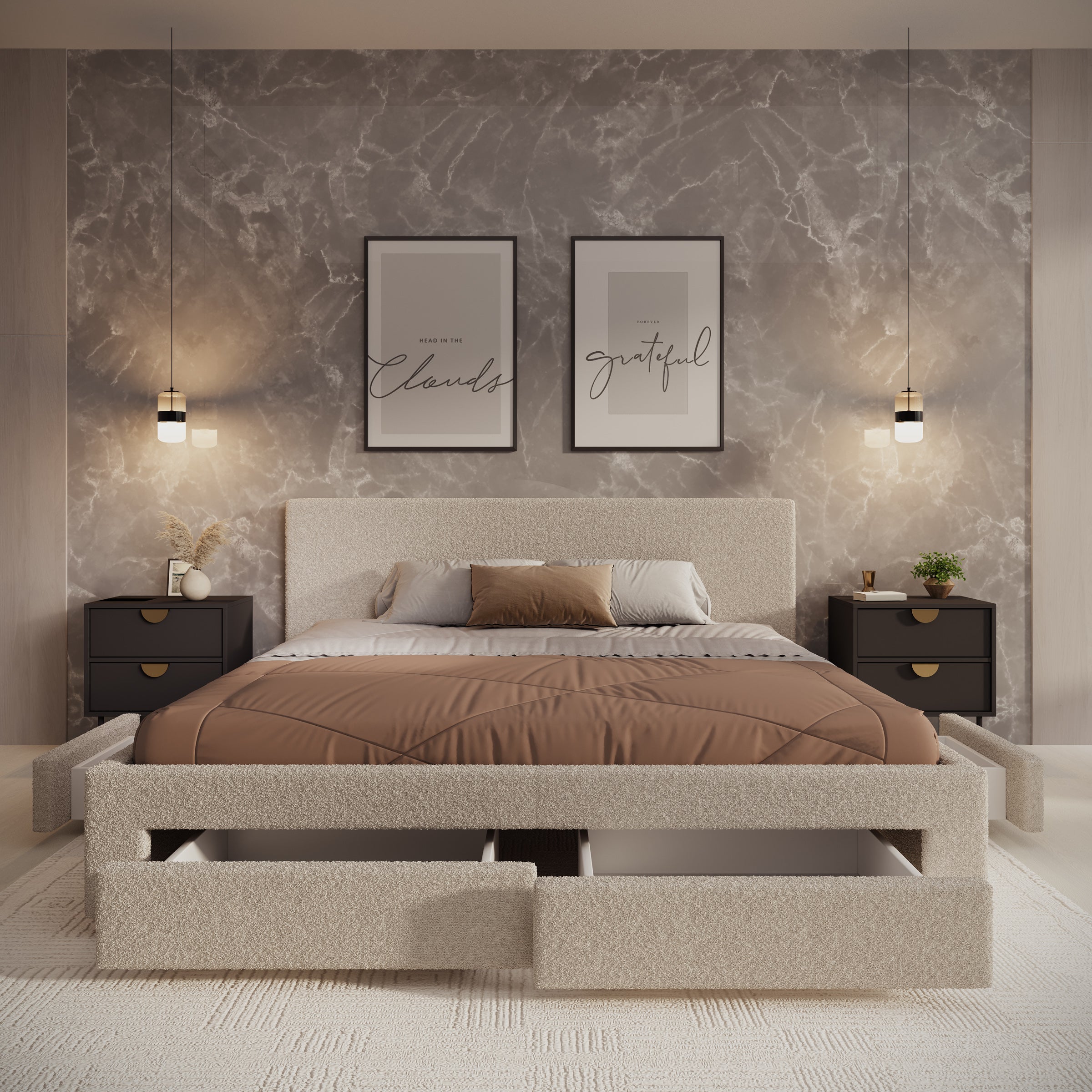 Suente - Tweepersoonsbed met 4 lades - Teddystof beige - 180x200 cm