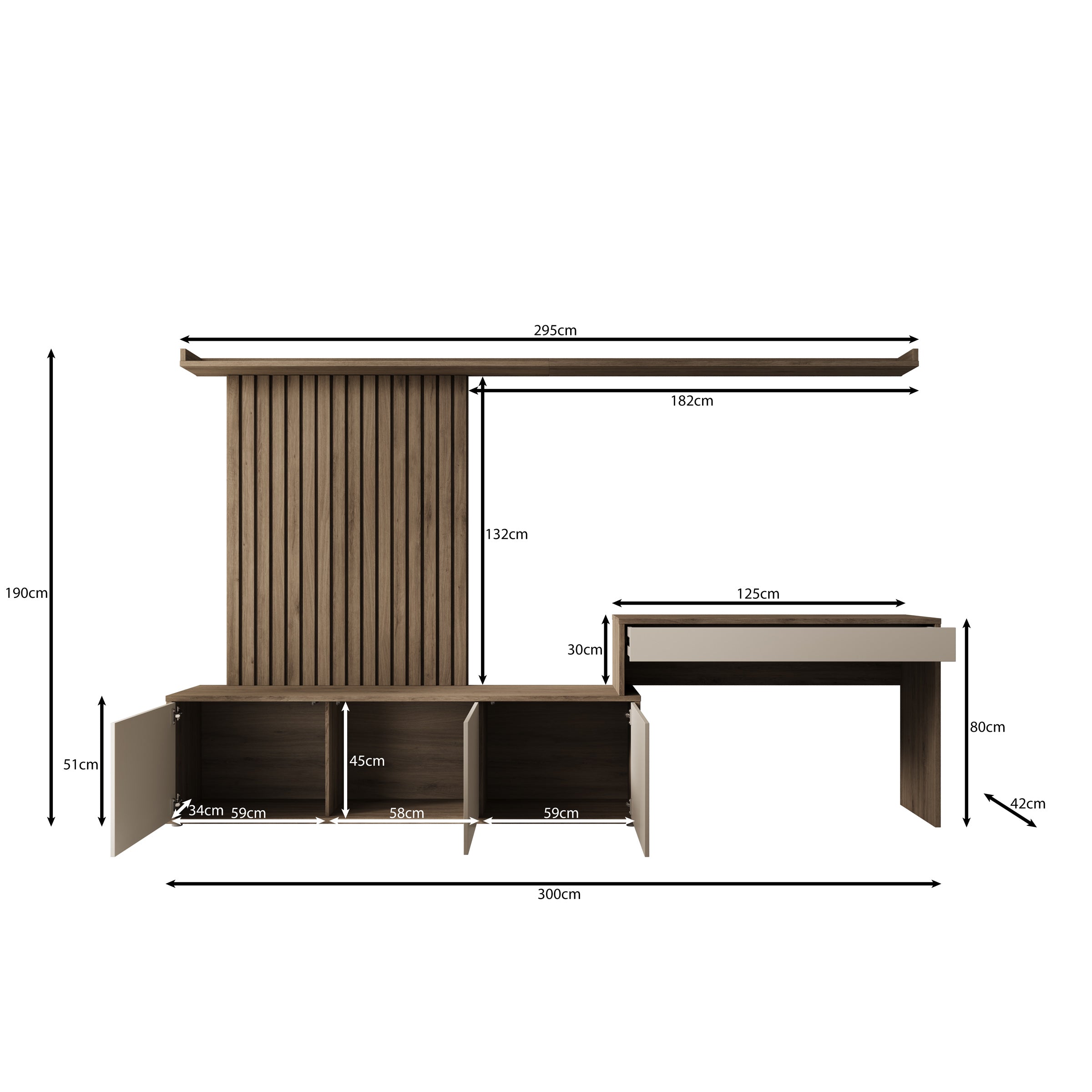 Sundra - Wandmeubel met bureau - Beige/Eiken - 300x42x190 cm