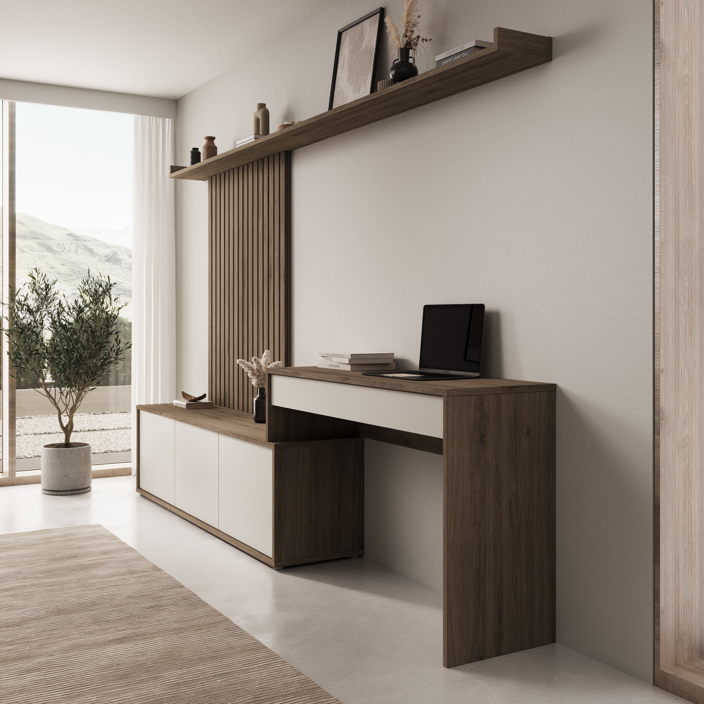 Sundra - Wandmeubel met bureau - Beige/Eiken - 300x42x190 cm