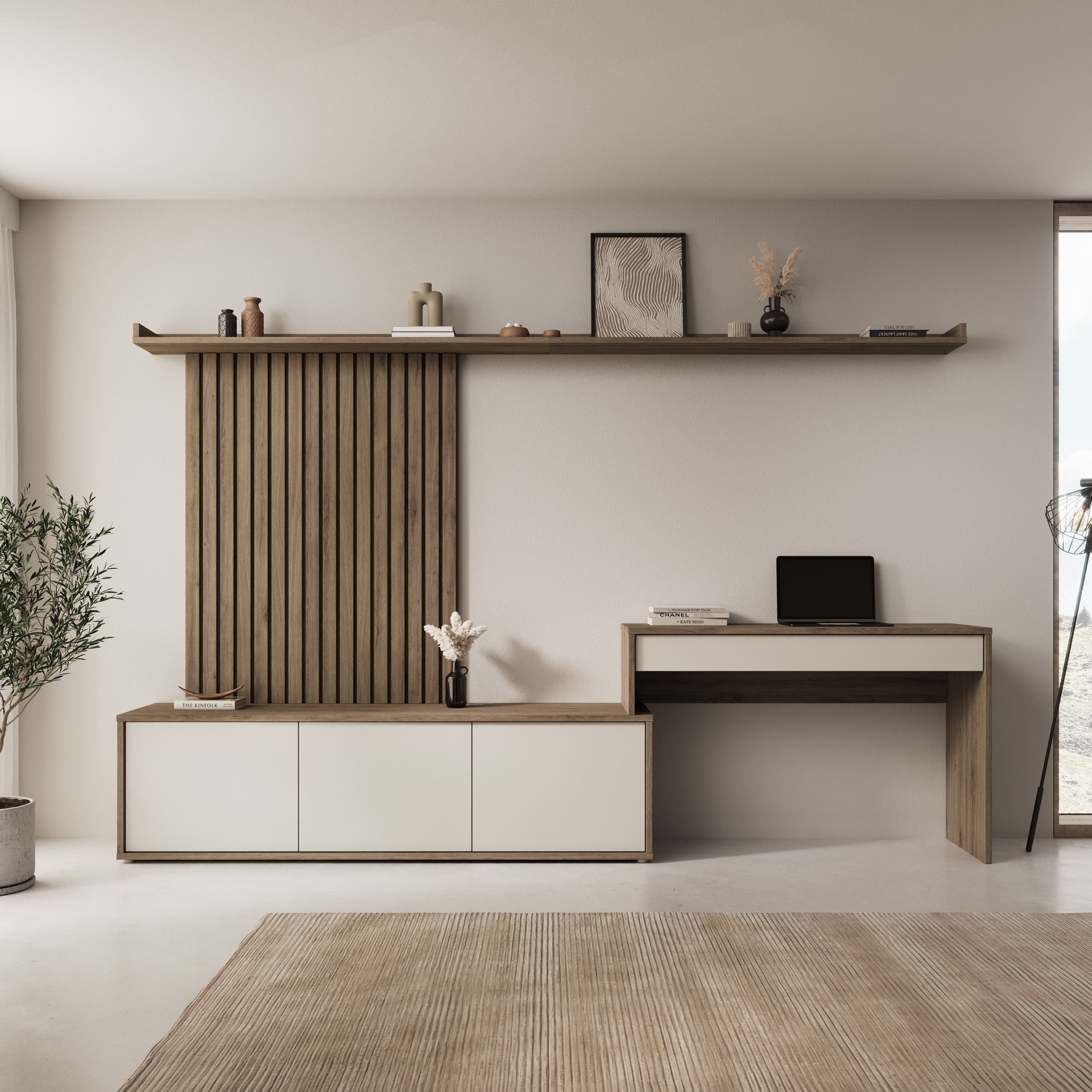Sundra - Wandmeubel met bureau - Beige/Eiken - 300x42x190 cm