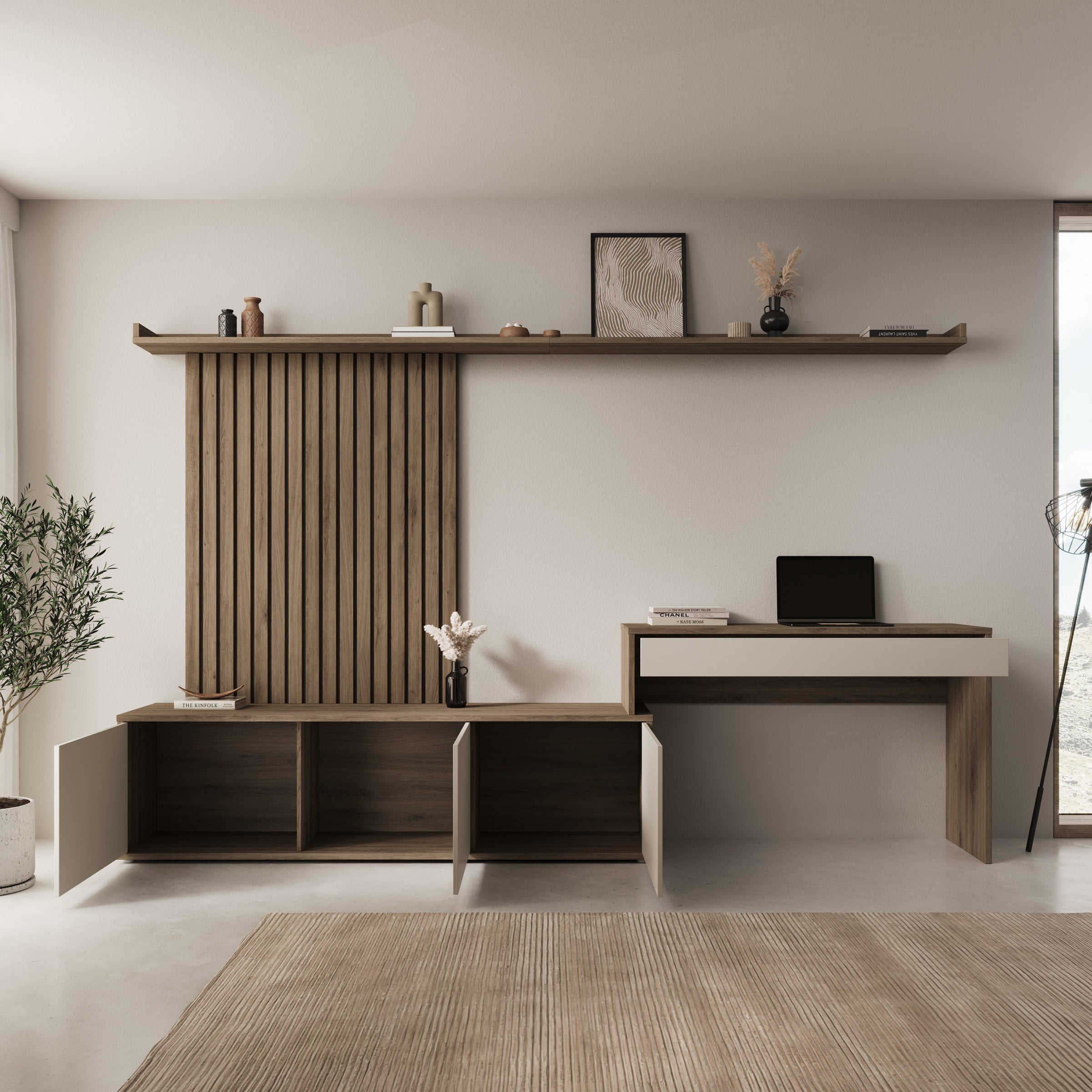 Sundra - Wandmeubel met bureau - Beige/Eiken - 300x42x190 cm
