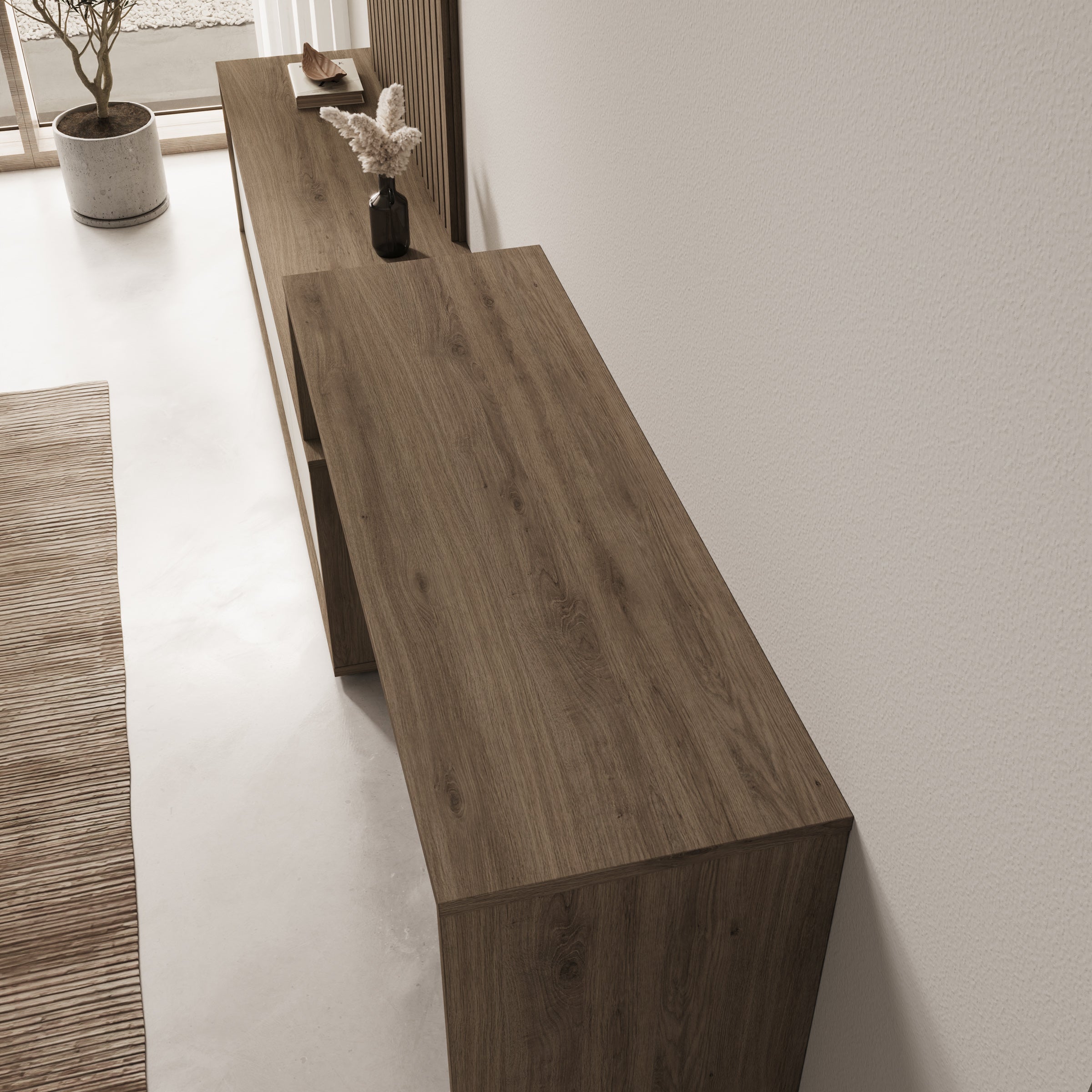 Sundra - Wandmeubel met bureau - Beige/Eiken - 300x42x190 cm
