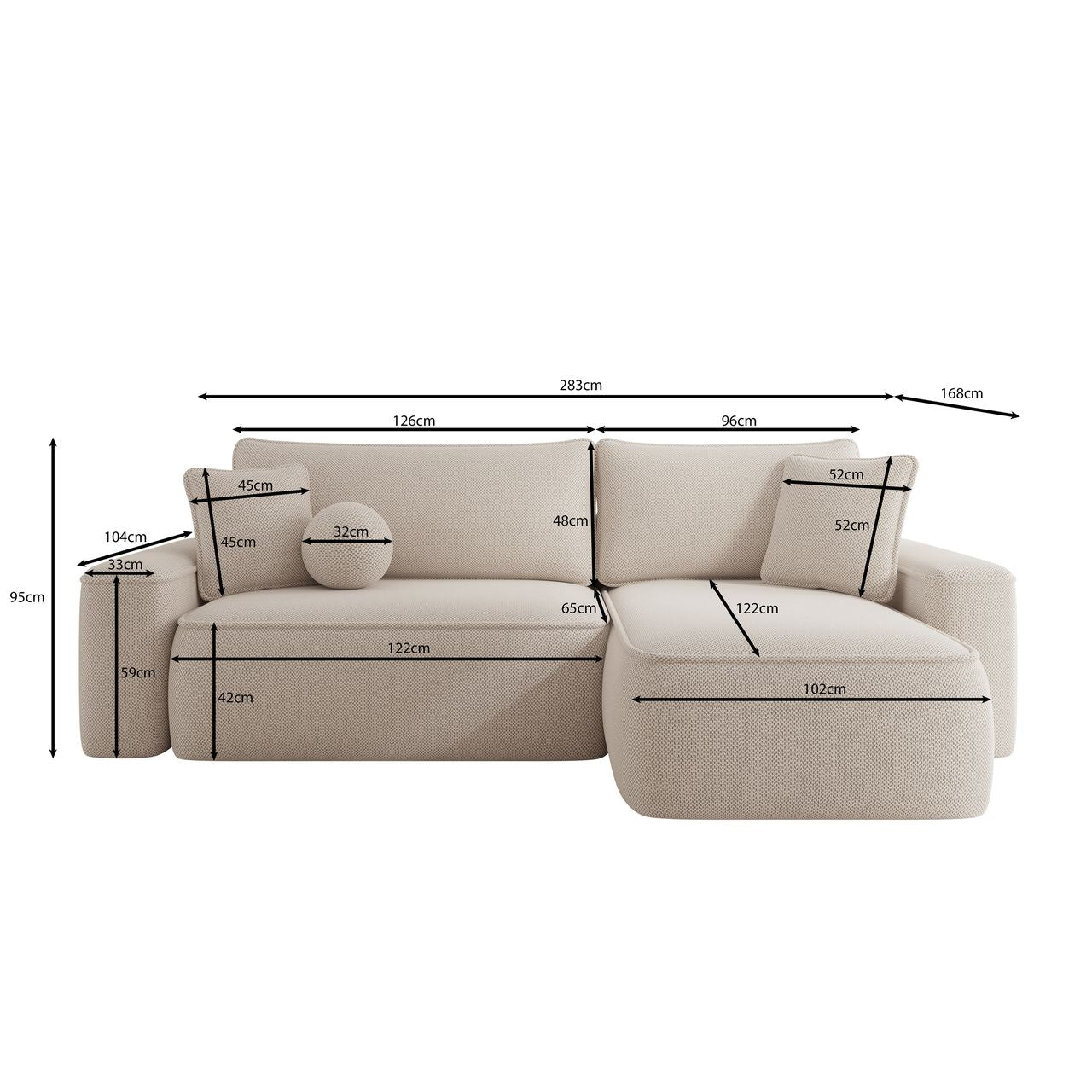 Synth - Hoekbank 3-zits met chaise longue - Stof zwart - Universeel
