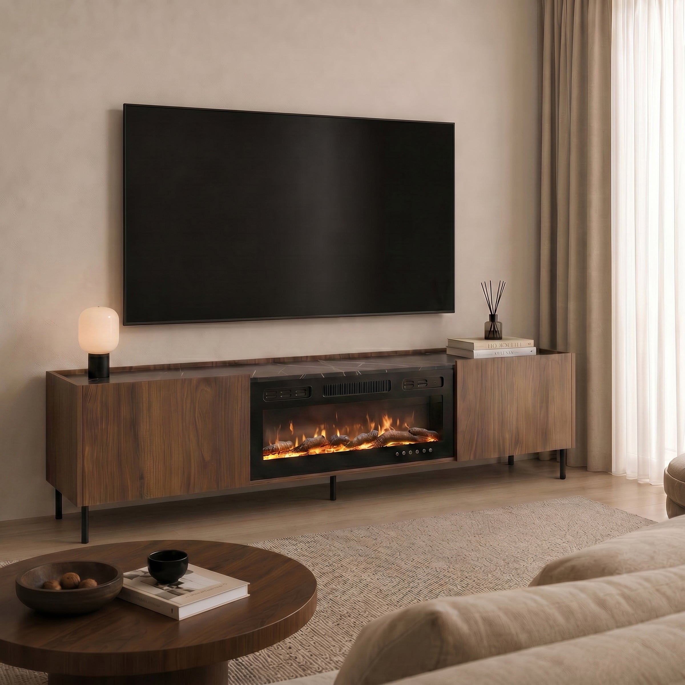 Tahiti - TV-Meubel met sfeerhaard - Donker eikenpatroon - 200x37x55 cm