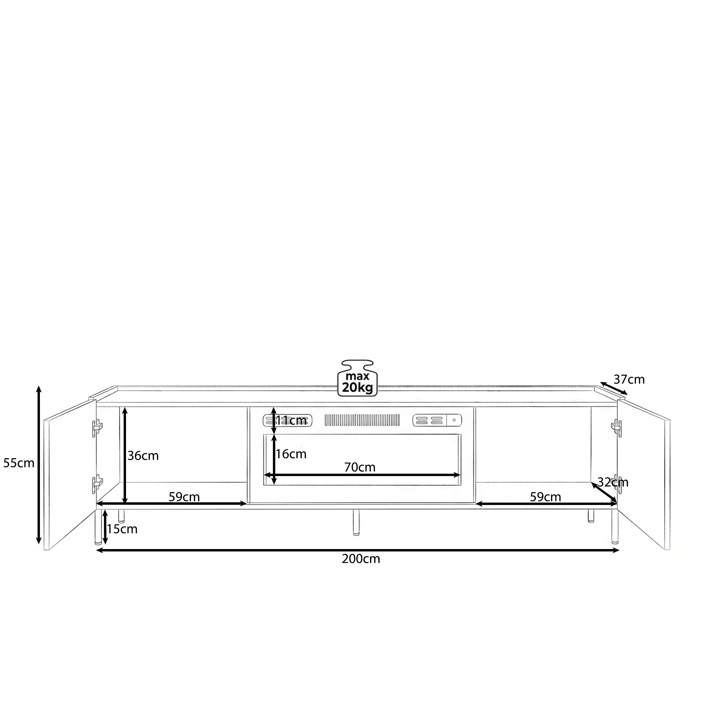 Tahiti - TV-Meubel met sfeerhaard - Donker eikenpatroon - 200x37x55 cm