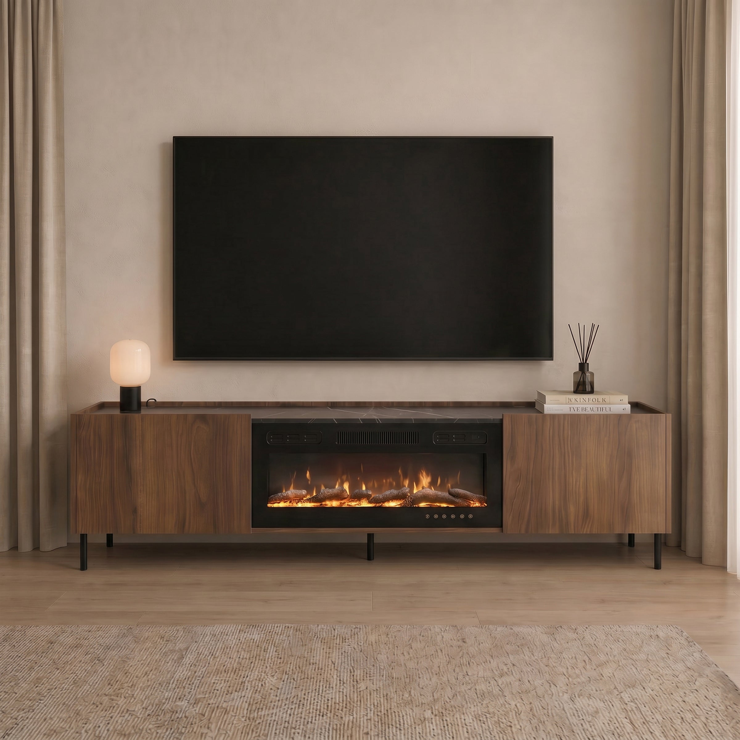 Tahiti - TV-Meubel met sfeerhaard - Donker eikenpatroon - 200x37x55 cm