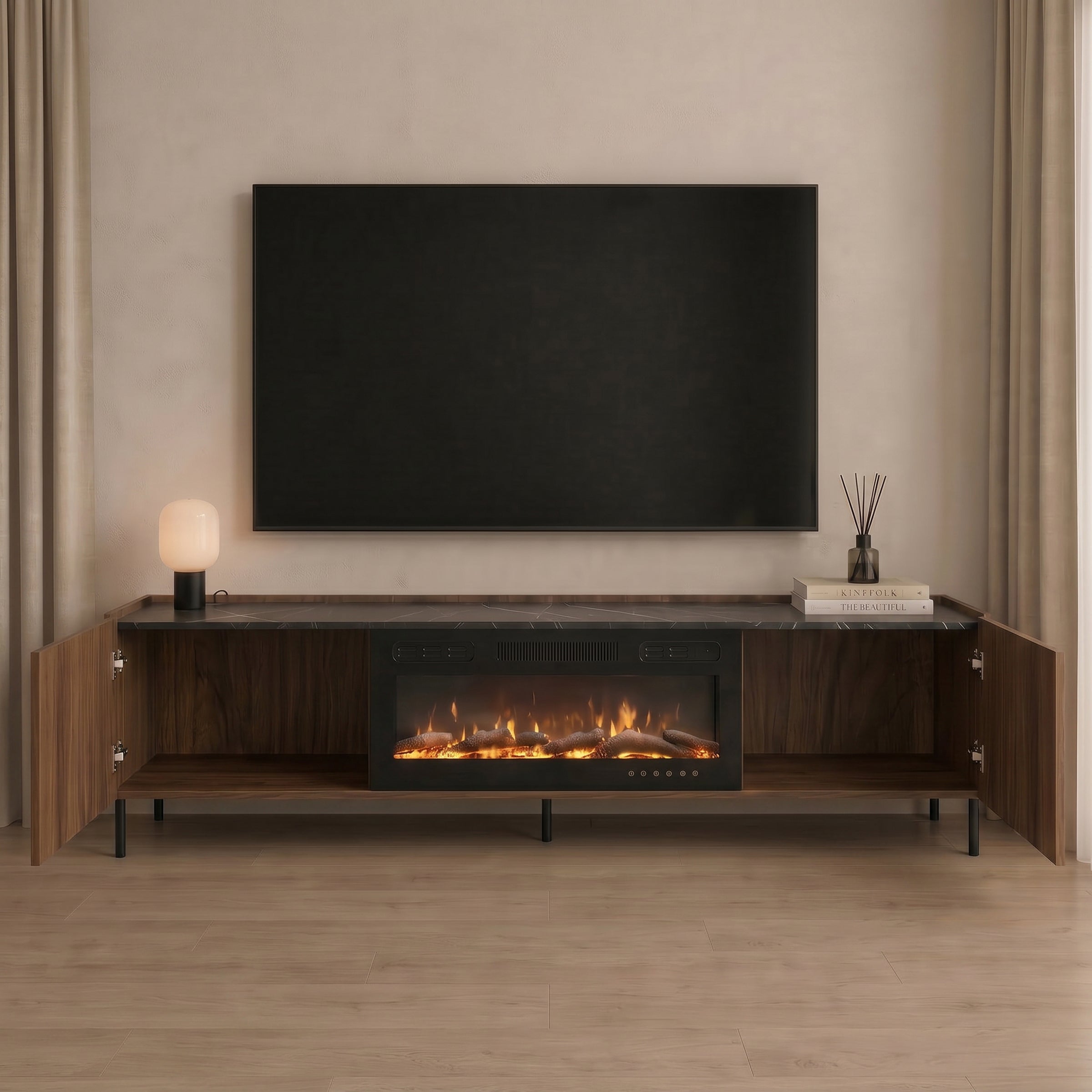 Tahiti - TV-Meubel met sfeerhaard - Donker eikenpatroon - 200x37x55 cm