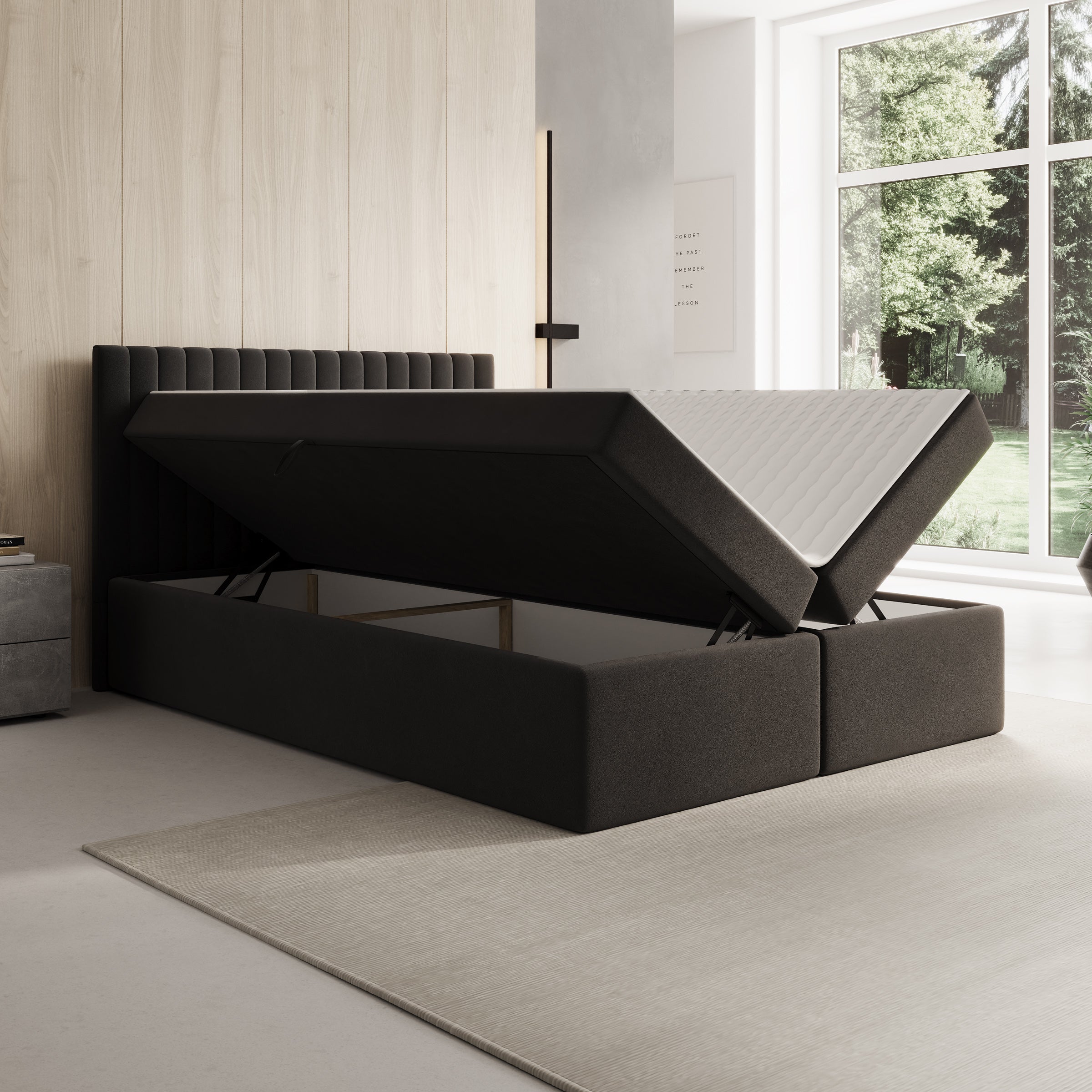 Taiko - Boxspring met opbergruimte - Stof zwart - 140x200 cm
