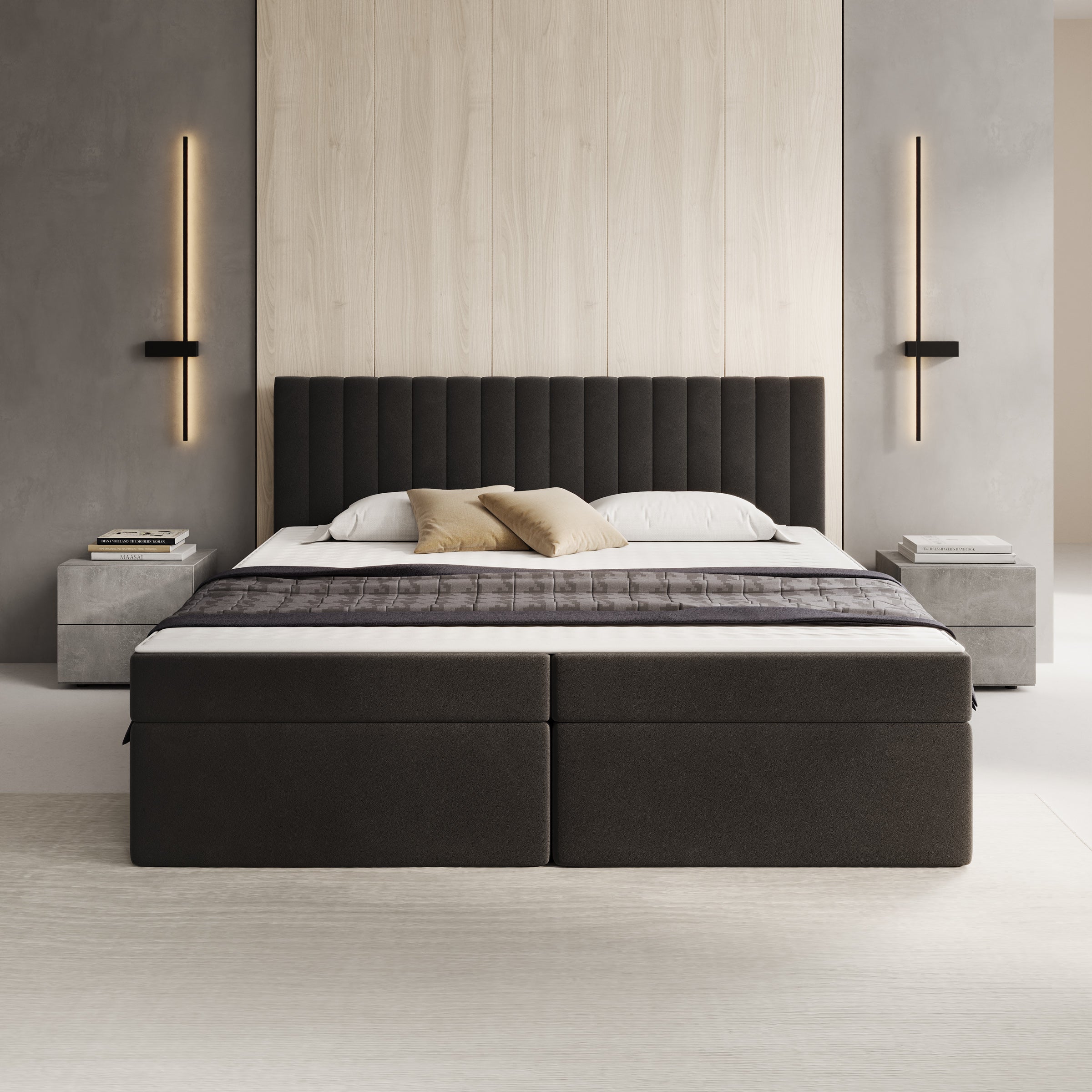 Taiko - Boxspring met opbergruimte - Stof zwart - 180x200 cm