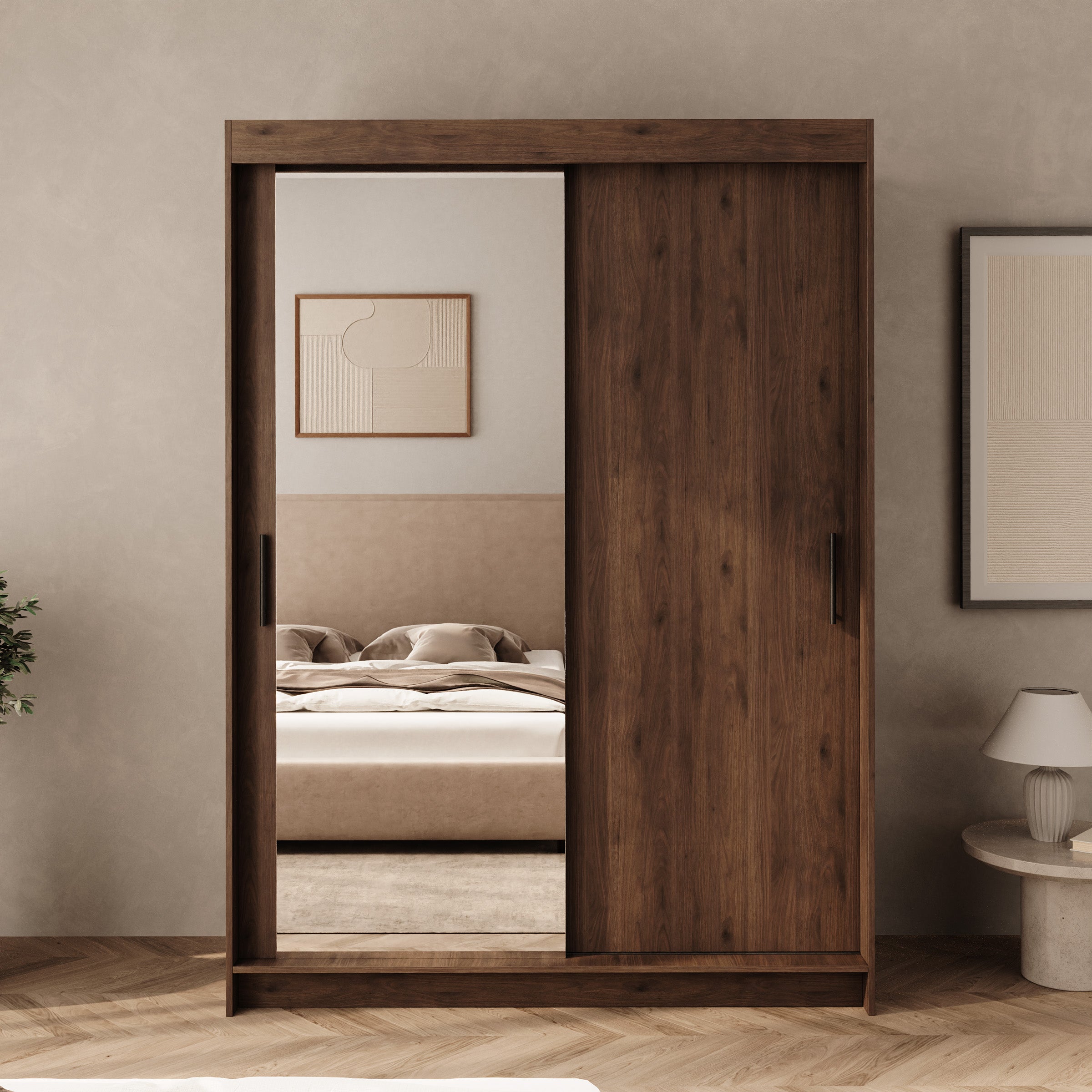Tanki - Kledingkast met schuifdeuren - Met spiegel - Walnoot - 150x58x200 cm