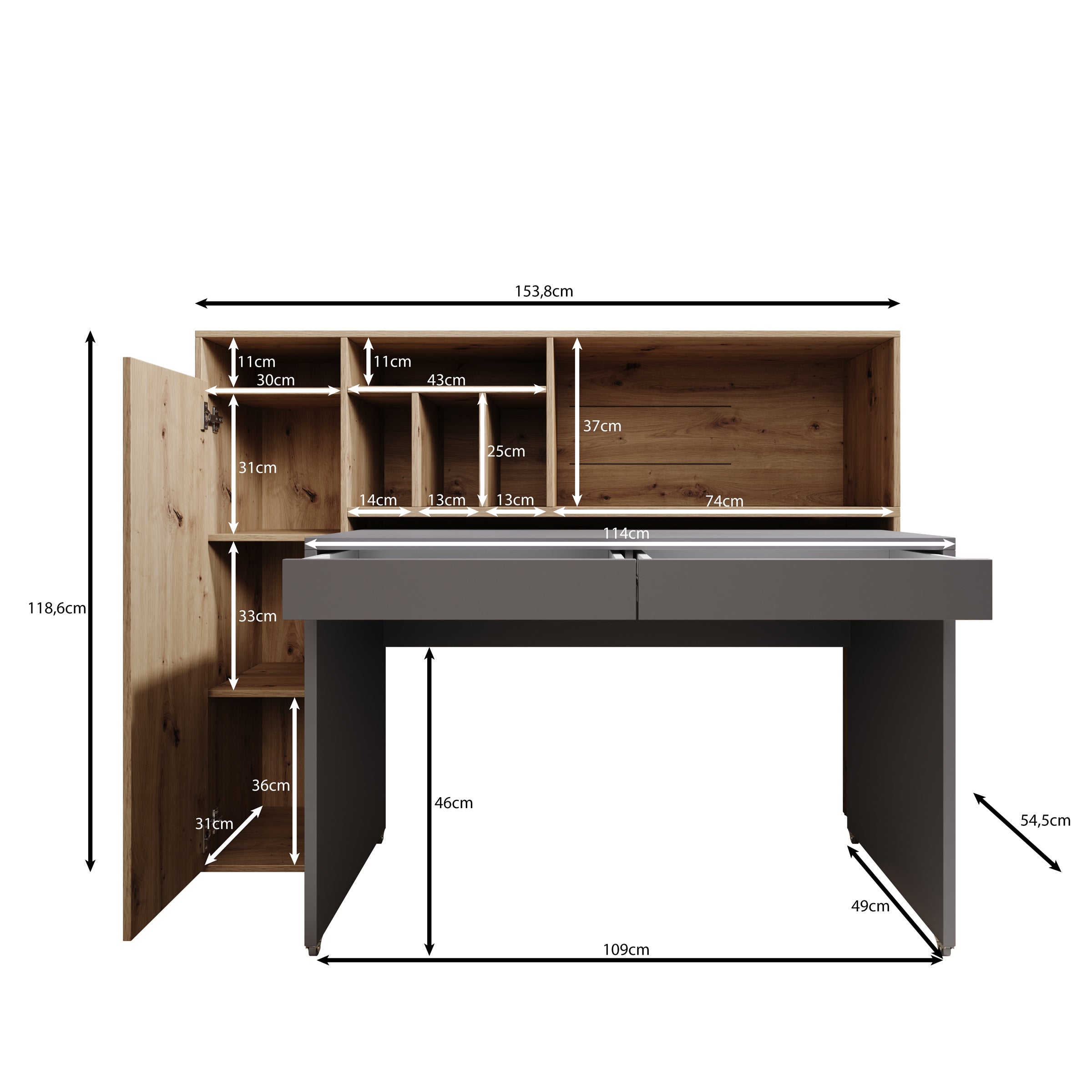 Taroa - Bureau - Eikenpatroon/Lichtgrijs - 154x55x119 cm