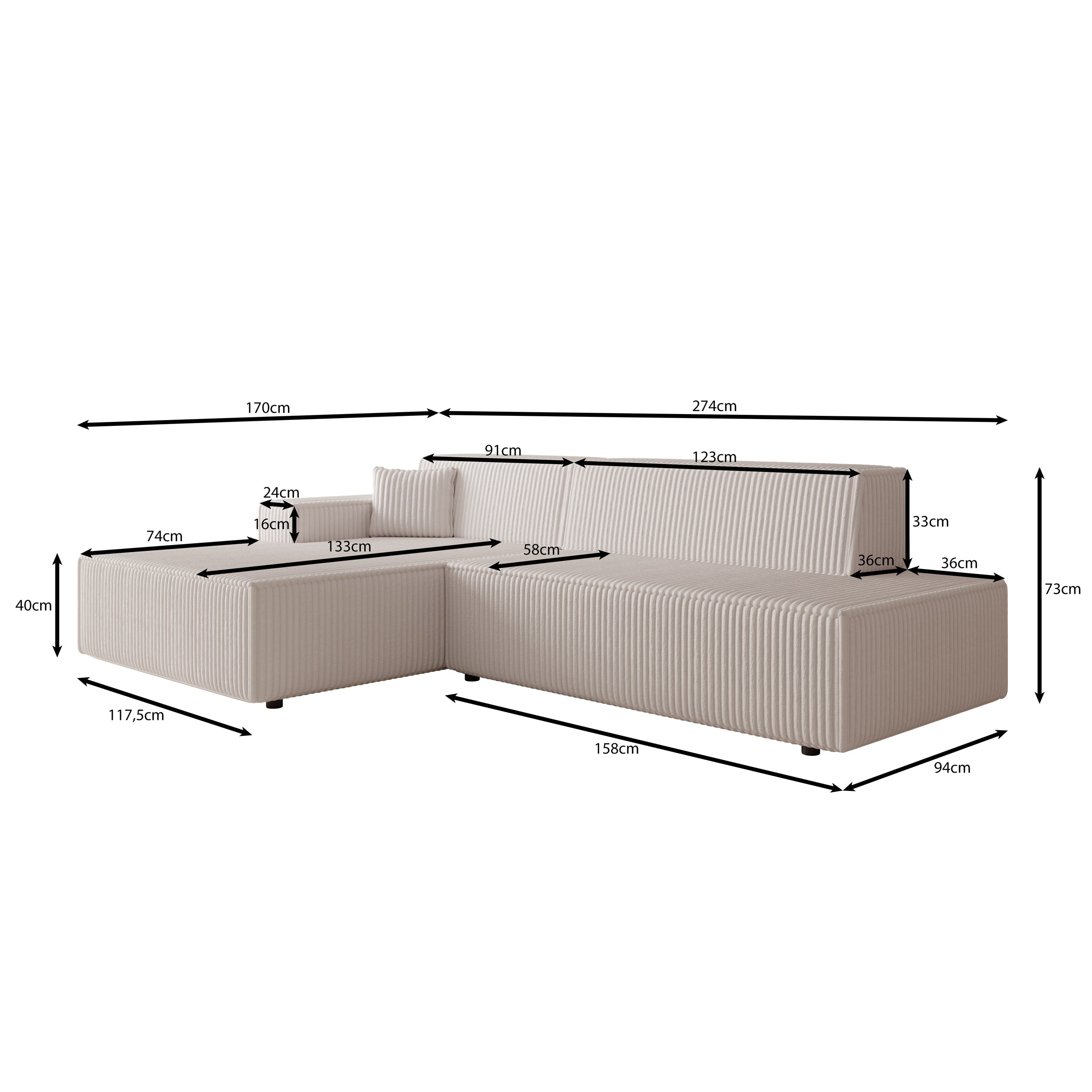 Tasmania - Hoekbank 3-zits met slaapfunctie - Ribstof beige - Links
