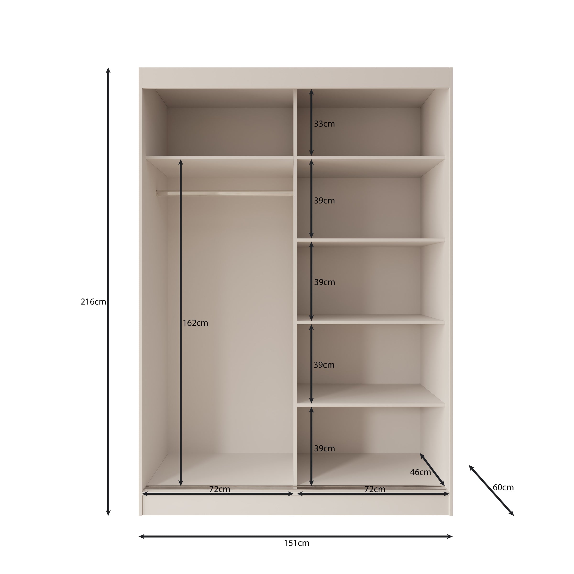 Tavares - Kledingkast met 2 schuifdeuren - Wit - 151x60x216 cm